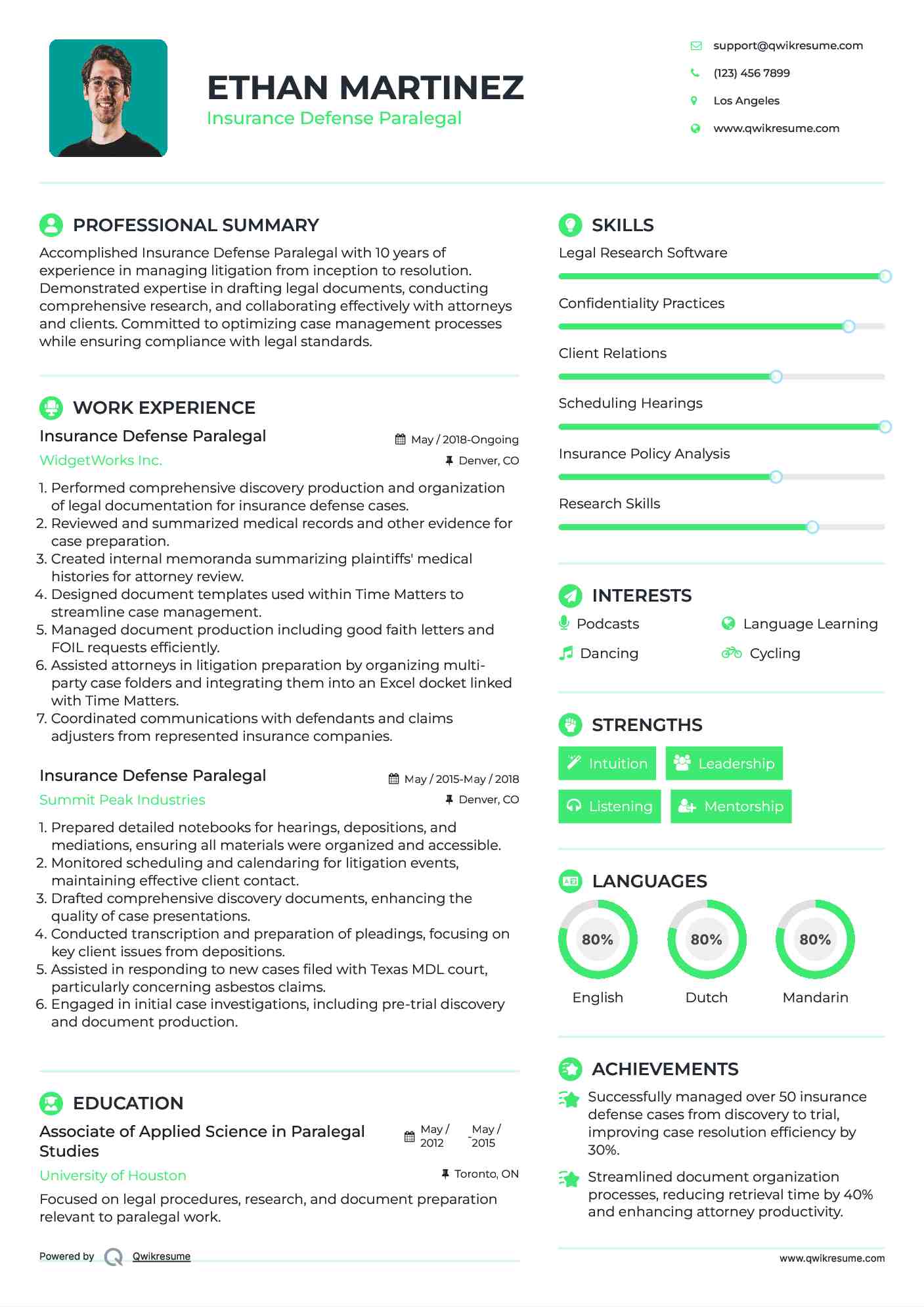 Insurance Defense Paralegal Resume Sample