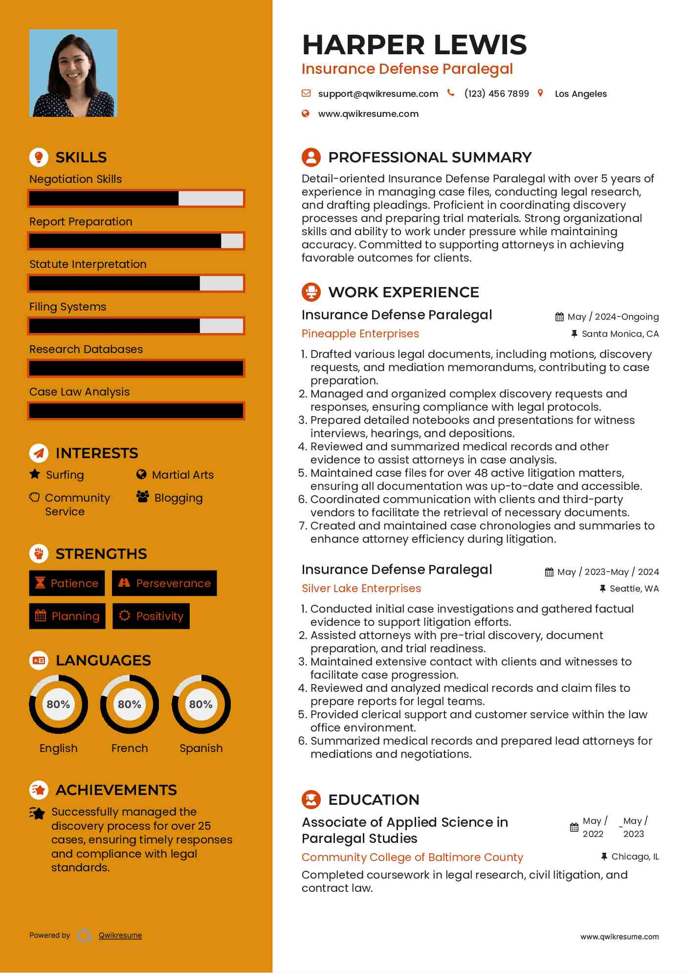 Insurance Defense Paralegal Resume Model