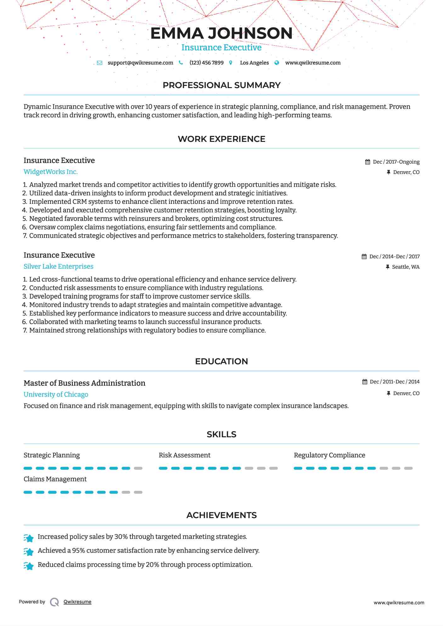 Insurance Executive Resume Sample