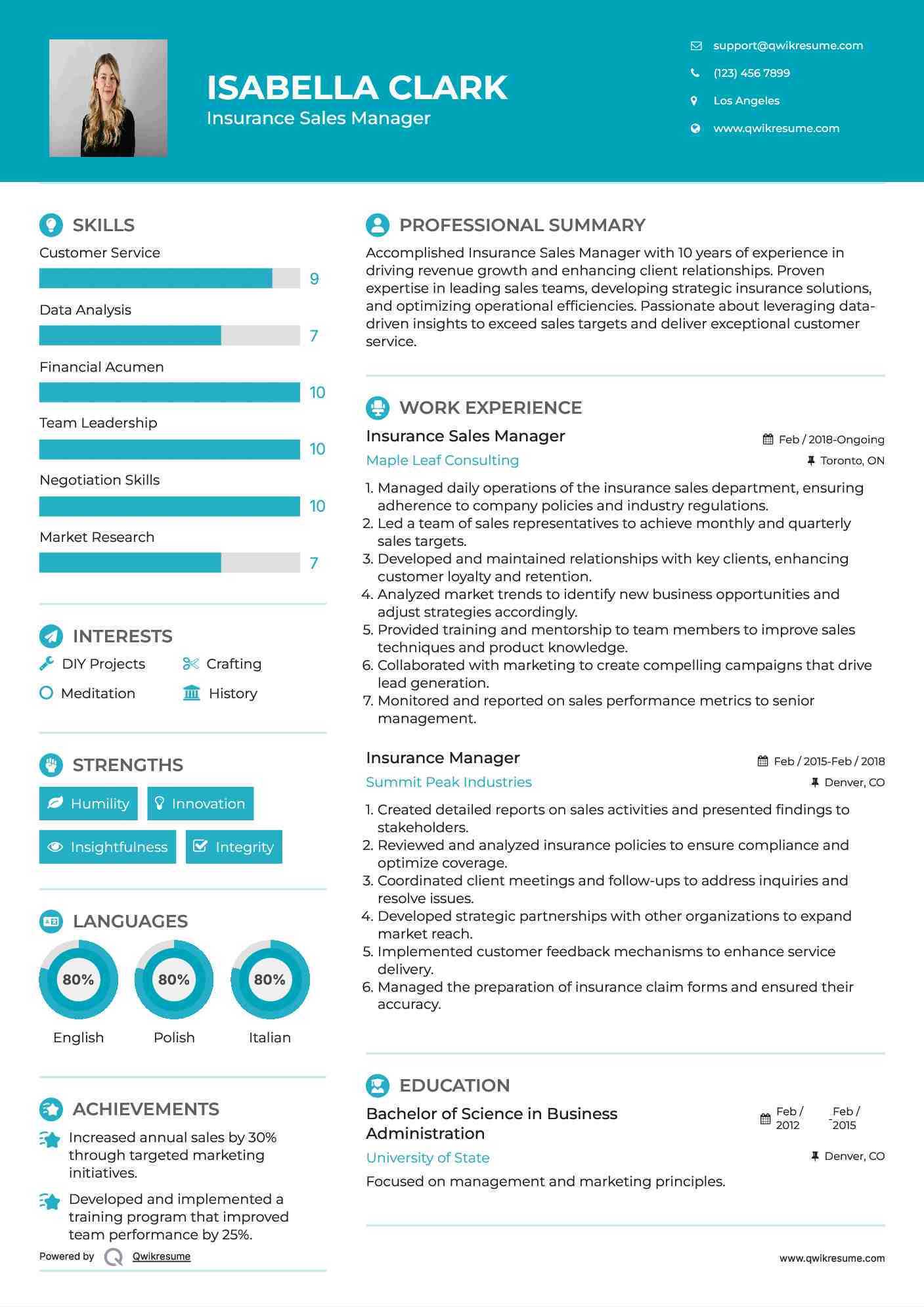Insurance Sales Manager Resume Model