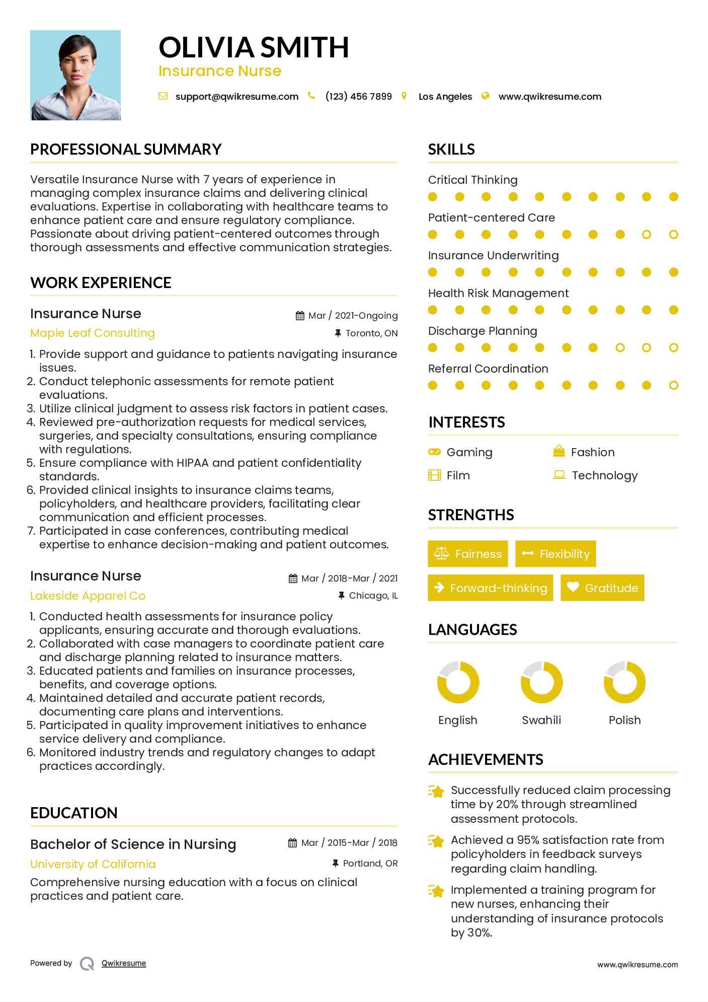 Insurance Nurse Resume Example