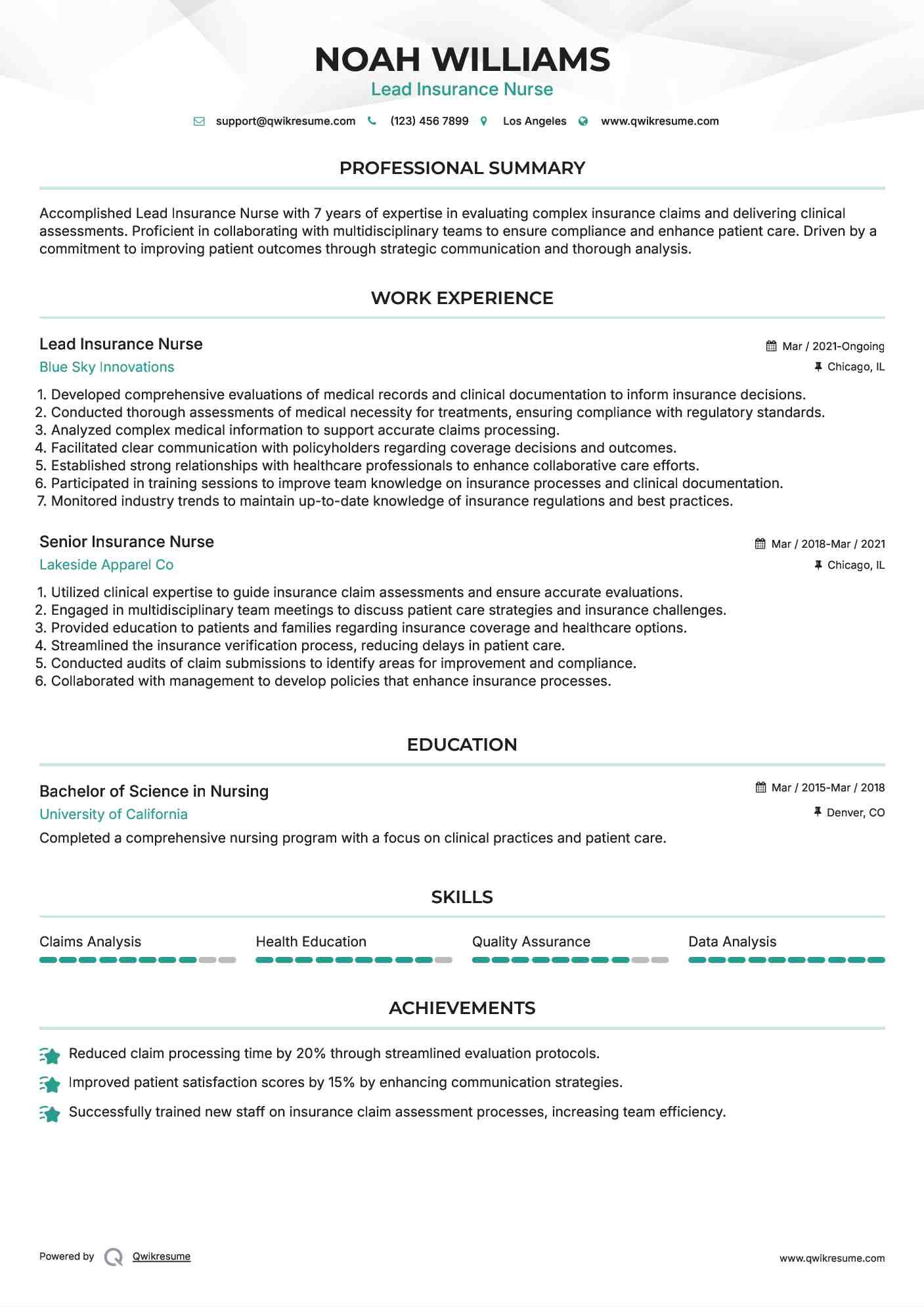 Lead Insurance Nurse Resume Format