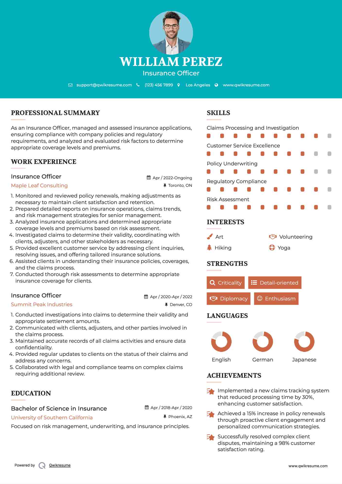 Insurance Officer Resume Sample