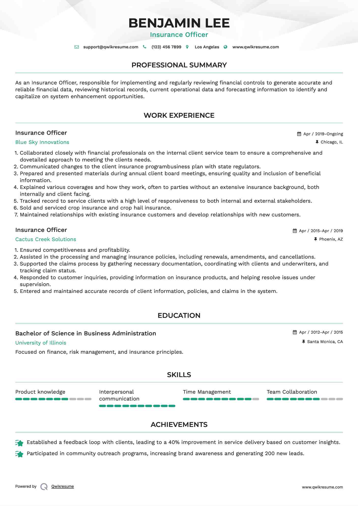 Insurance Officer Resume Template