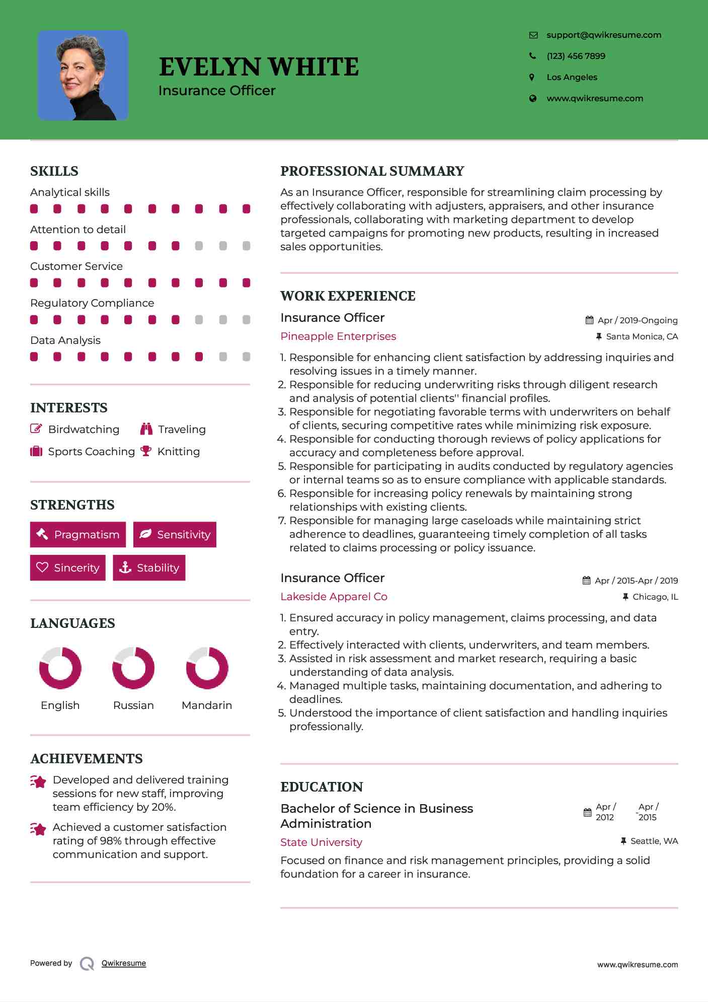 Insurance Officer Resume Sample