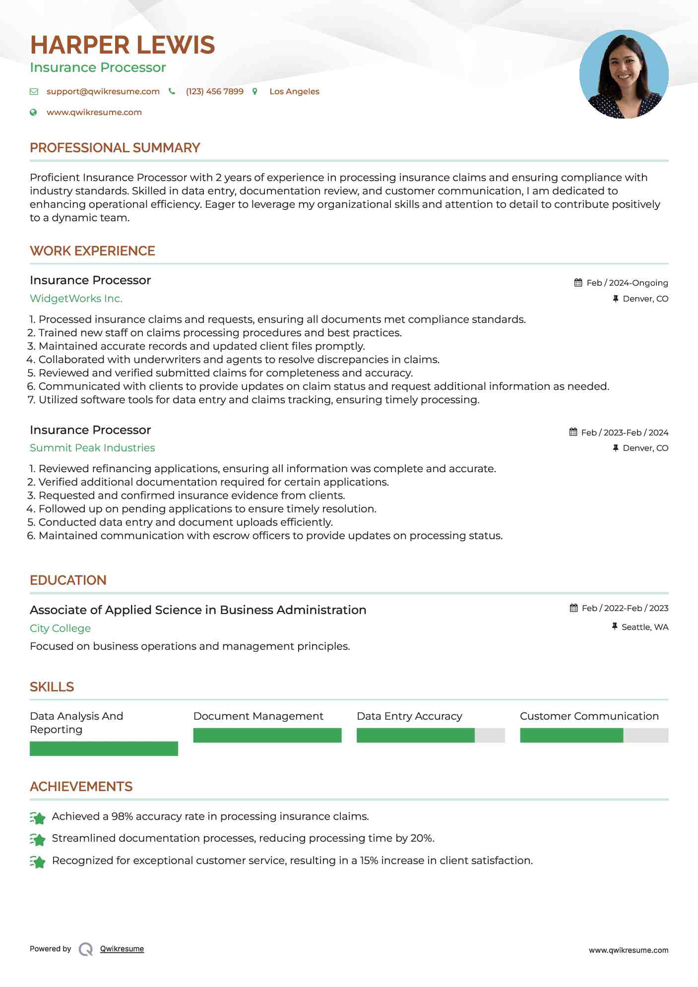 Insurance Processor Resume Sample