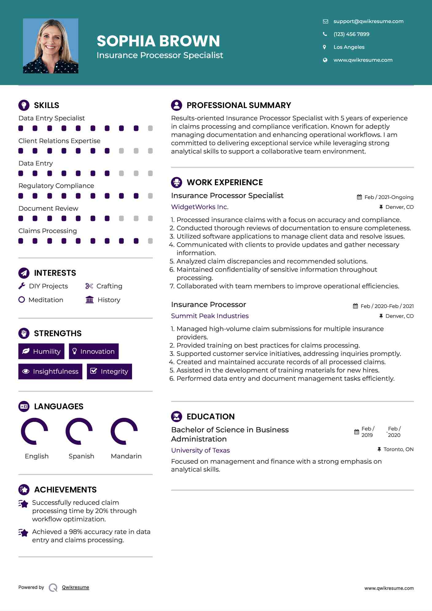 Insurance Processor Specialist Resume Template