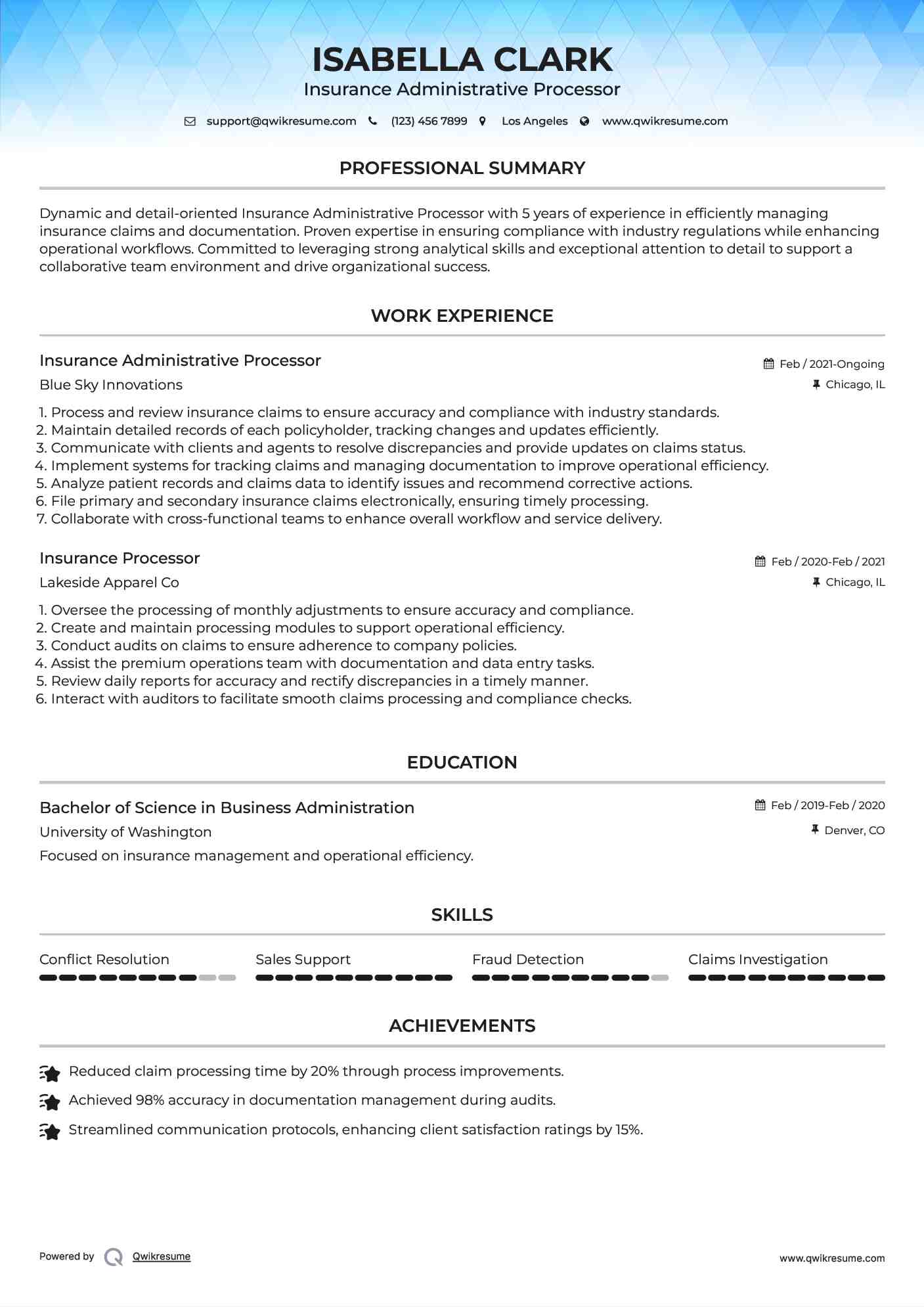 Insurance Administrative Processor Resume Template