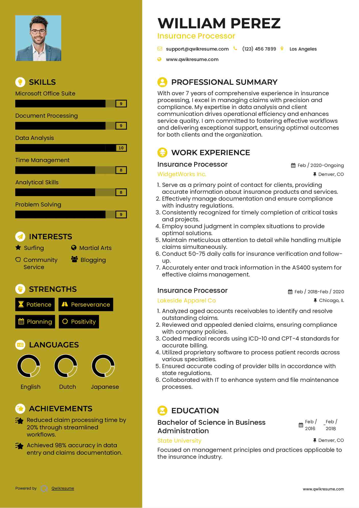 Insurance Processor Resume Sample