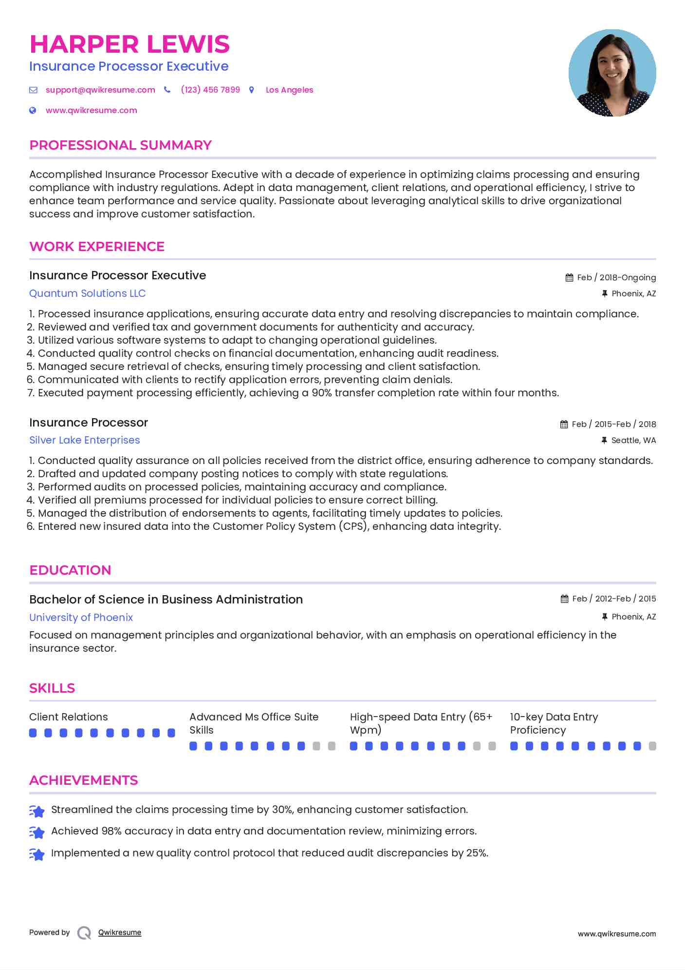 Insurance Processor Executive Resume Example