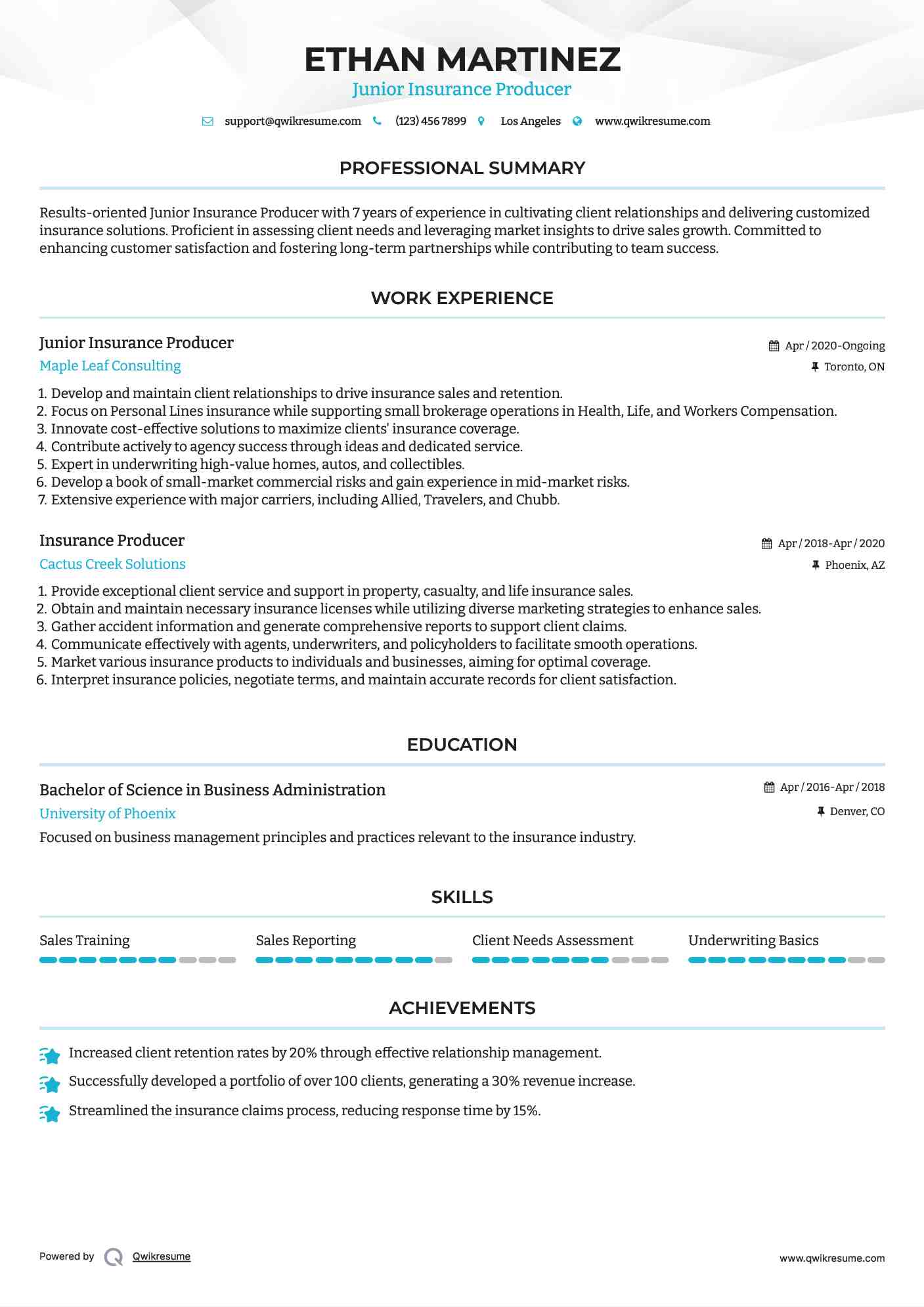 Junior Insurance Producer Resume Sample