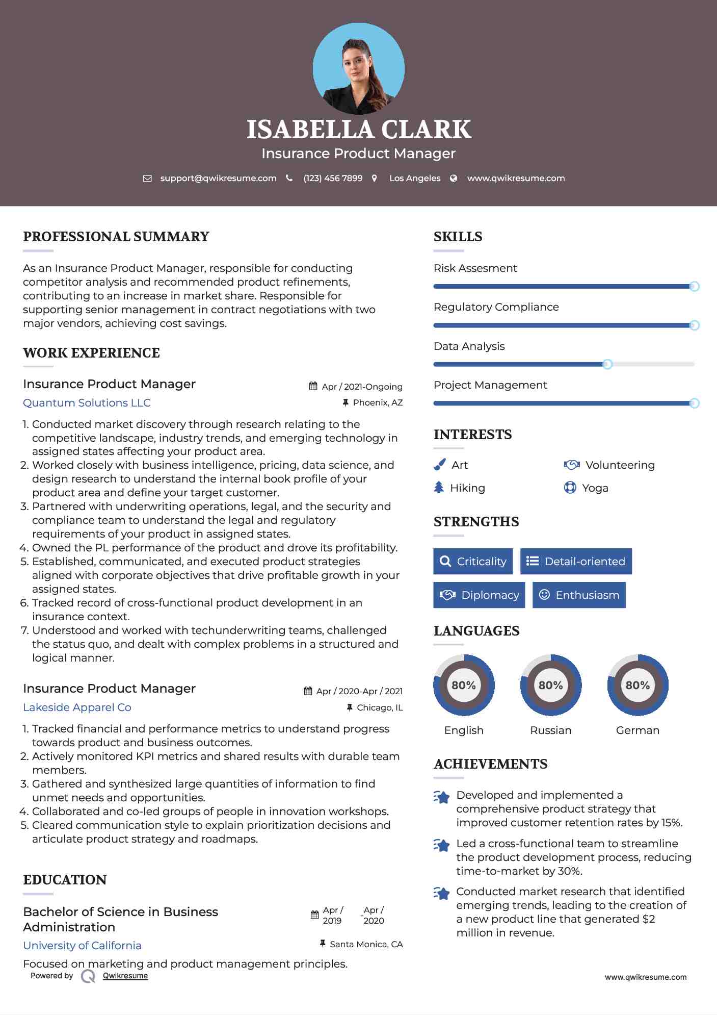 Insurance Product Manager Resume Format