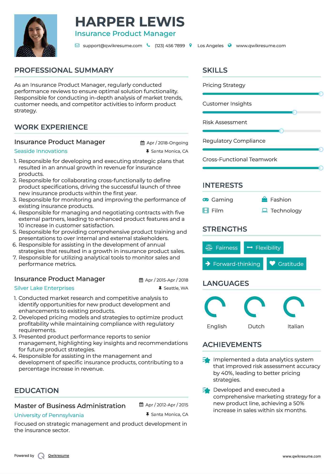 Insurance Product Manager Resume Model