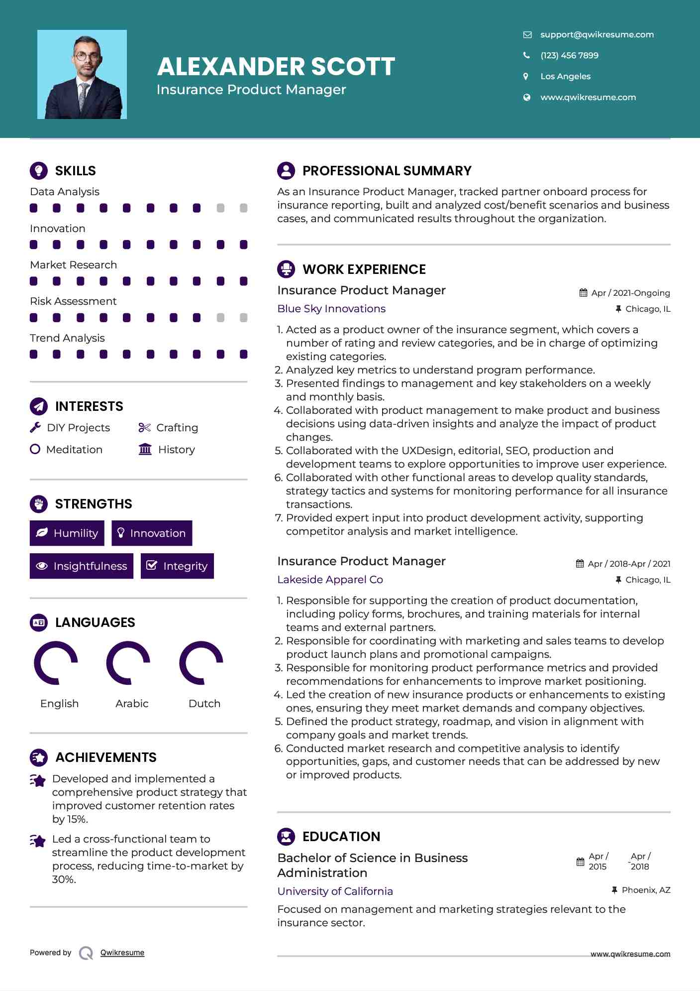 Insurance Product Manager Resume Sample