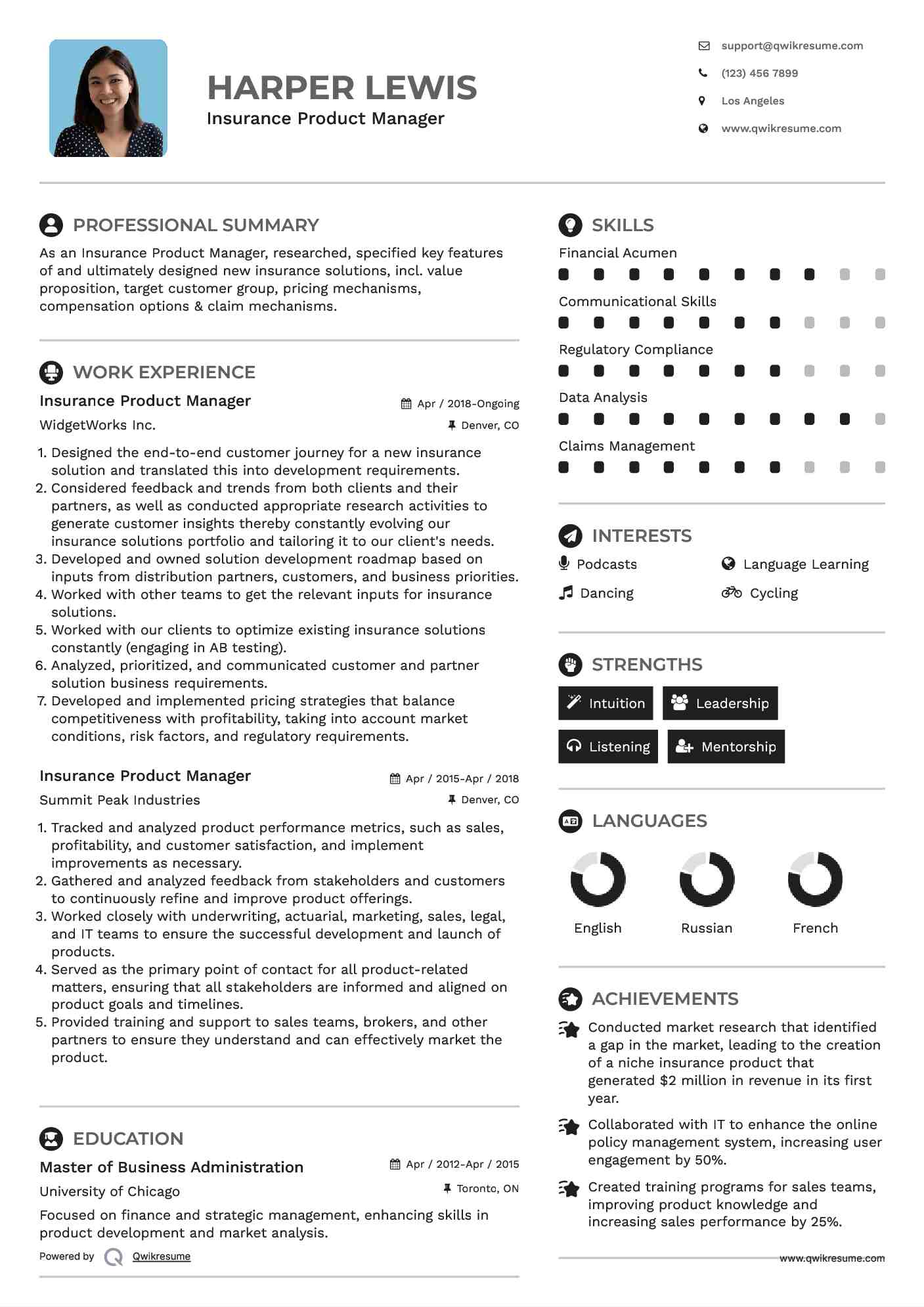 Insurance Product Manager Resume Model