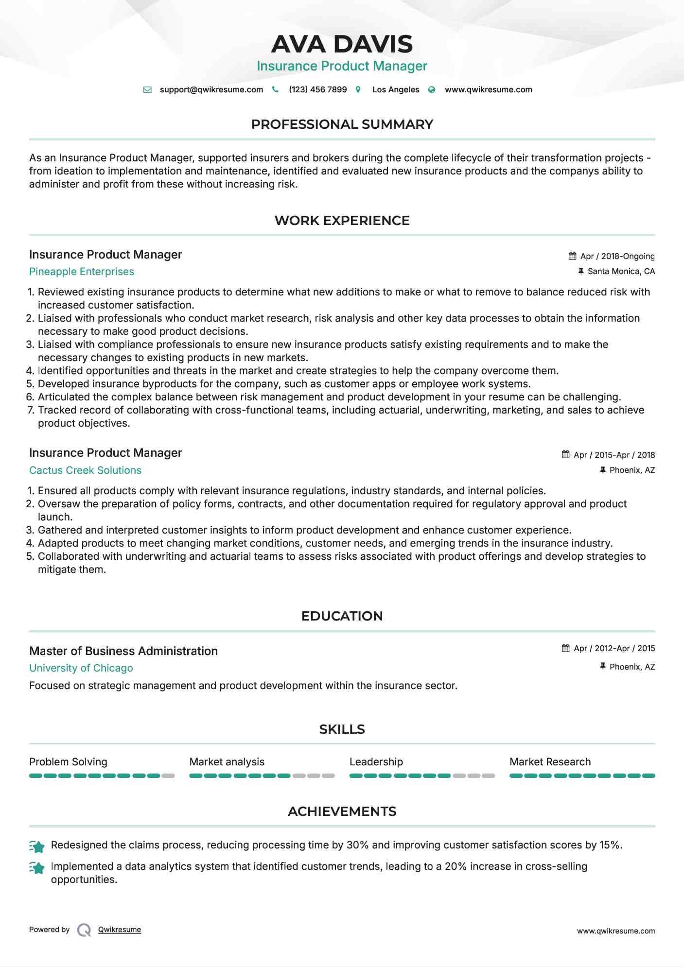 Insurance Product Manager Resume Template