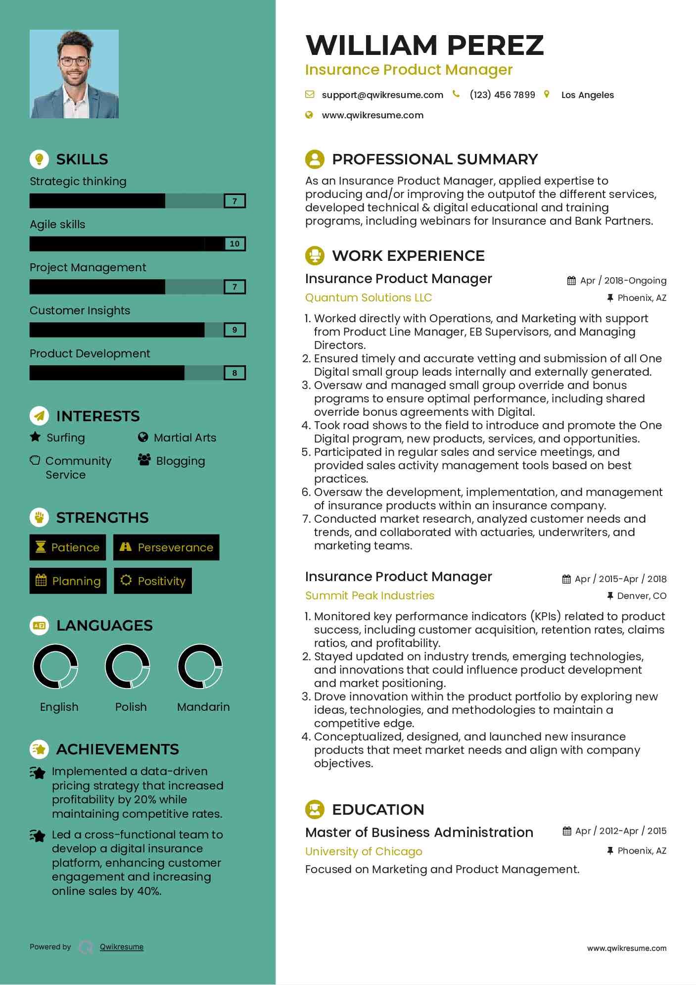 Insurance Product Manager Resume Format
