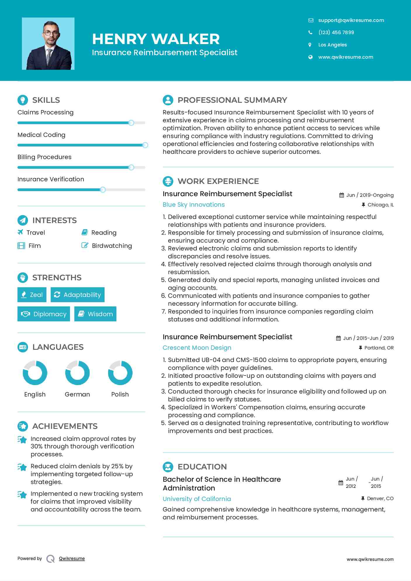 Insurance Reimbursement Specialist Resume Template
