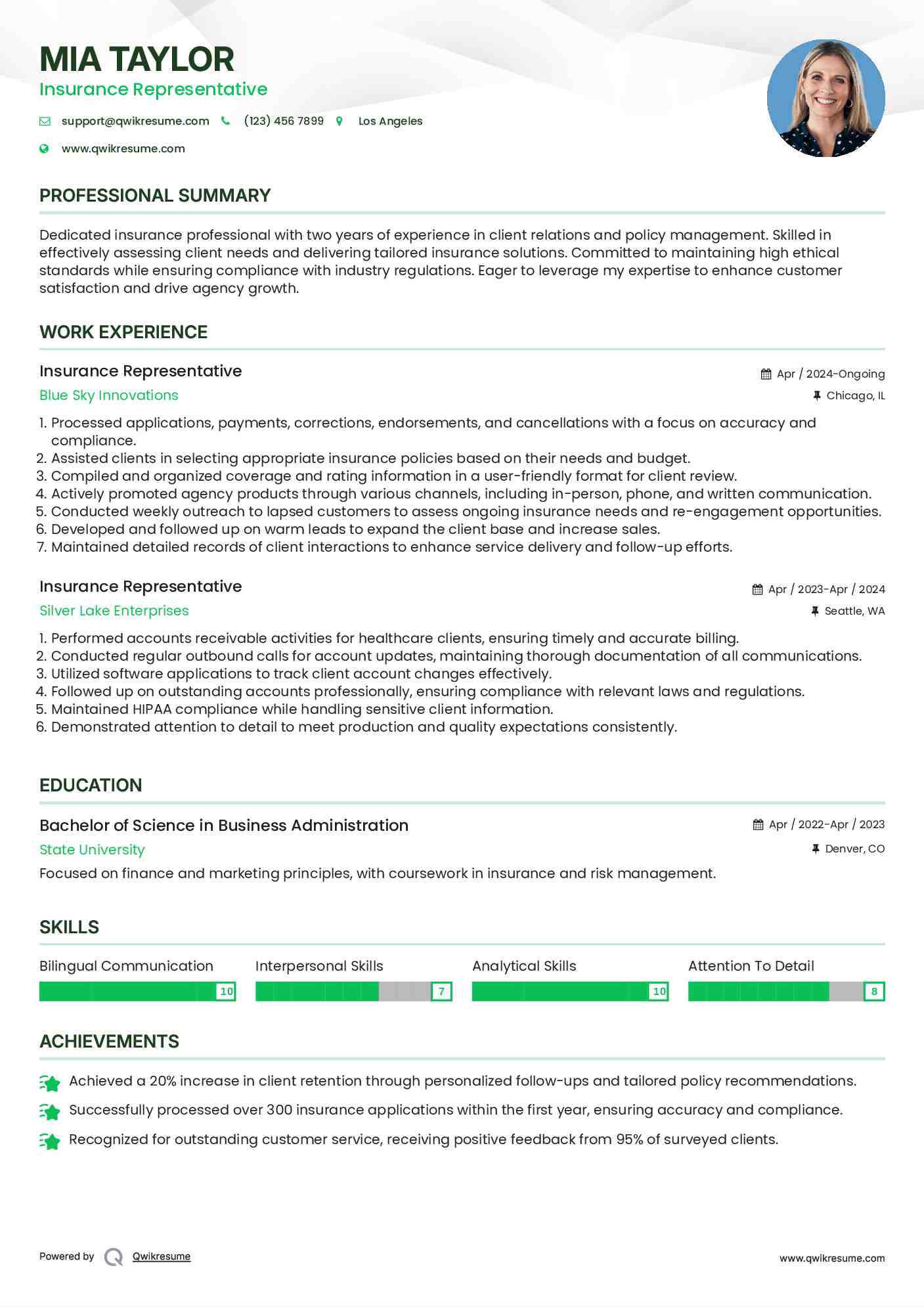 Insurance Representative Resume Example