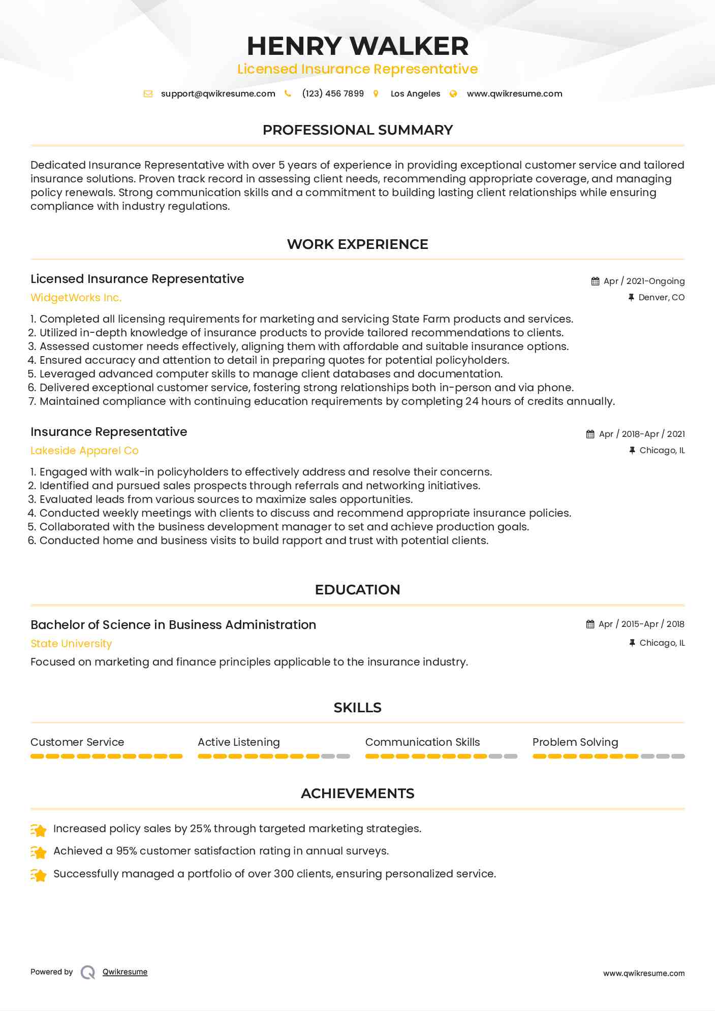 Licensed Insurance Representative Resume Model