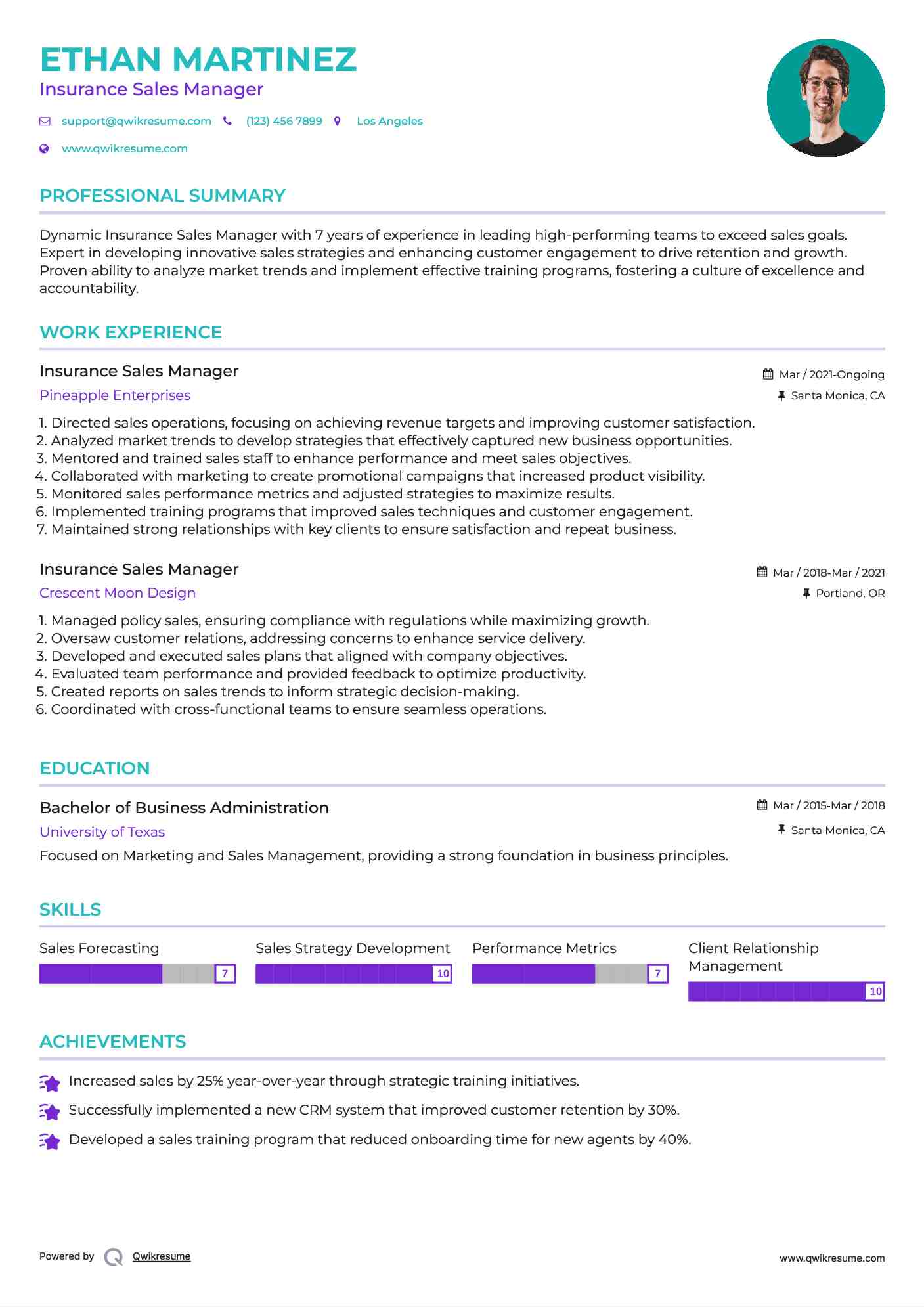 Insurance Sales Manager Resume Model
