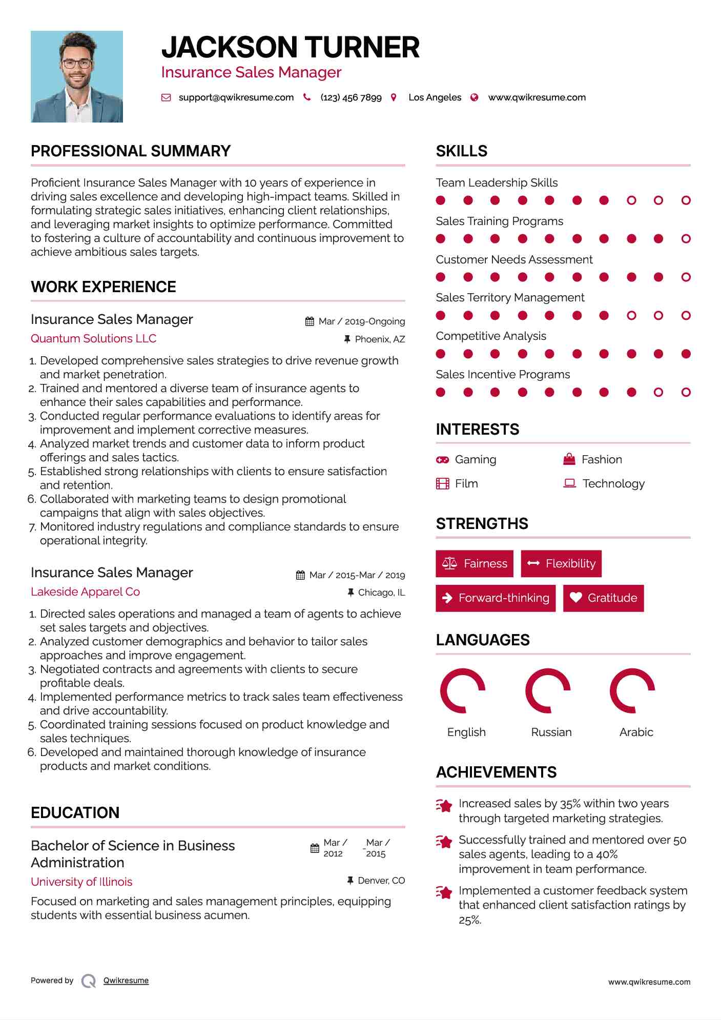 Insurance Sales Manager Resume Example