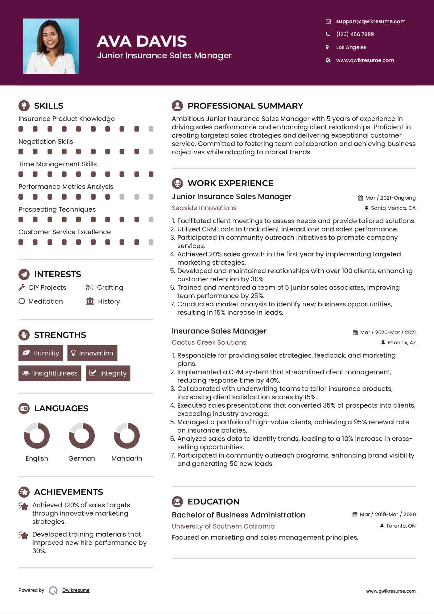 Junior Insurance Sales Manager Resume Model