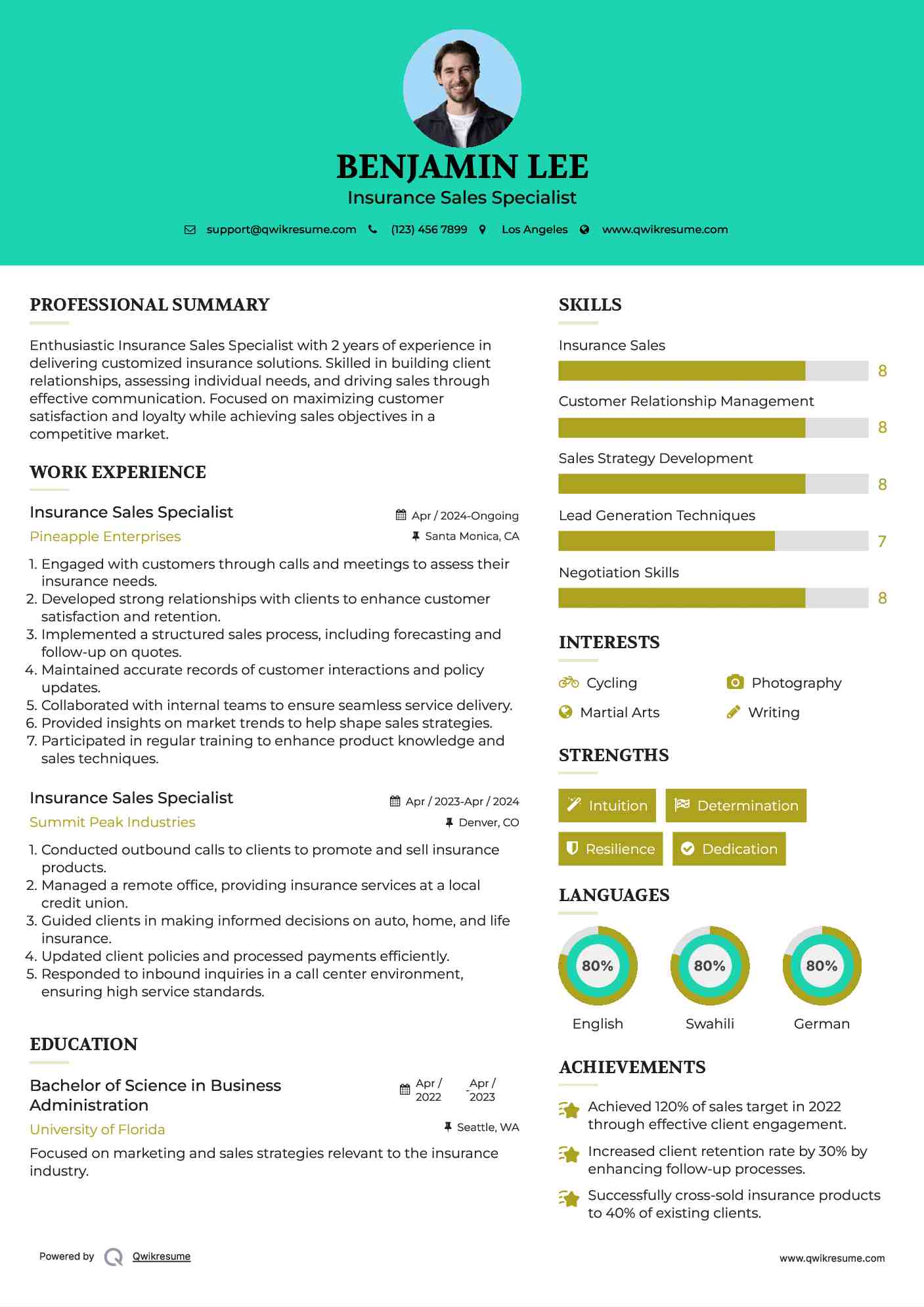 Insurance Sales Specialist Resume Example