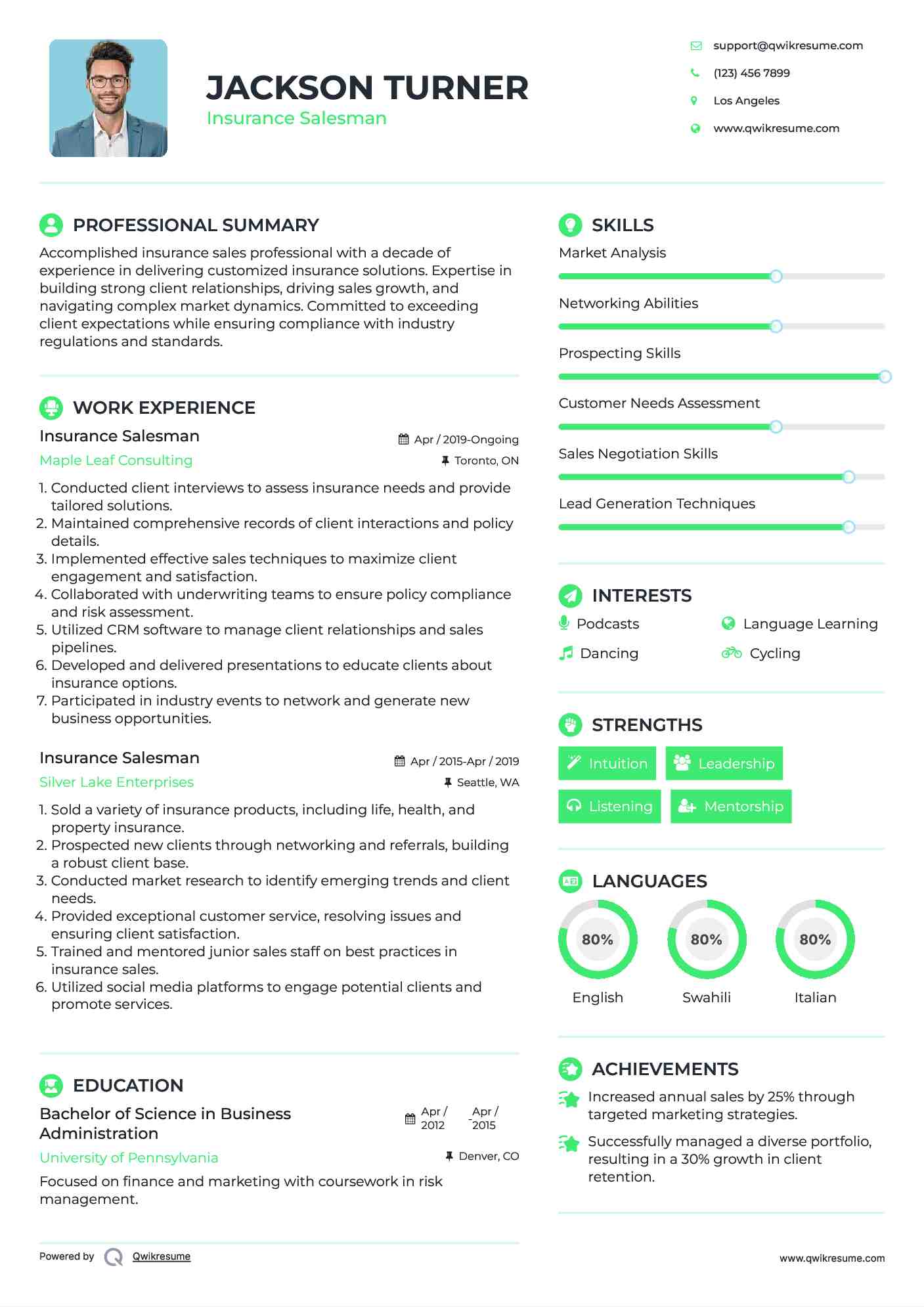 Insurance Salesman Resume Sample
