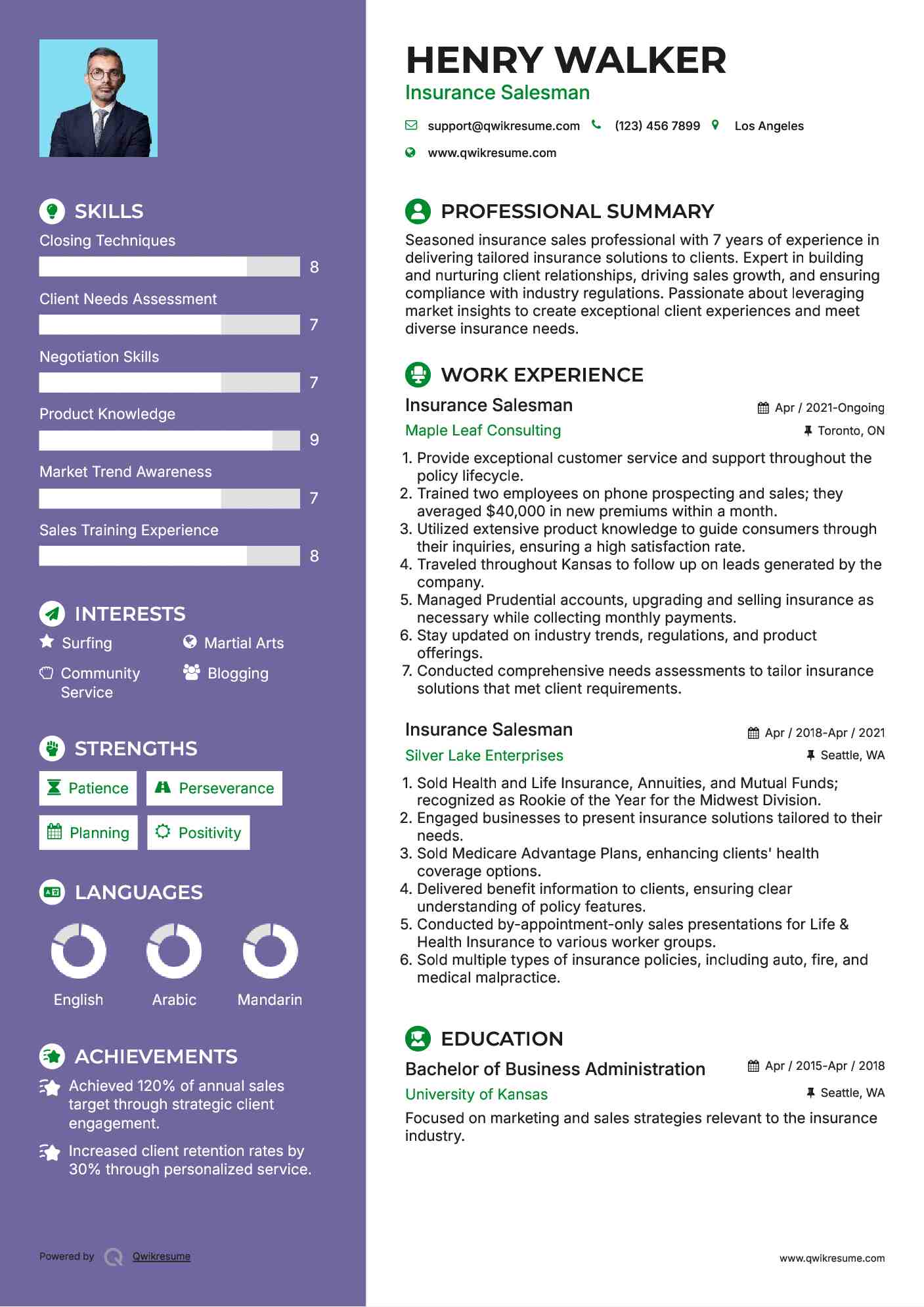Insurance Salesman Resume Samples | QwikResume
