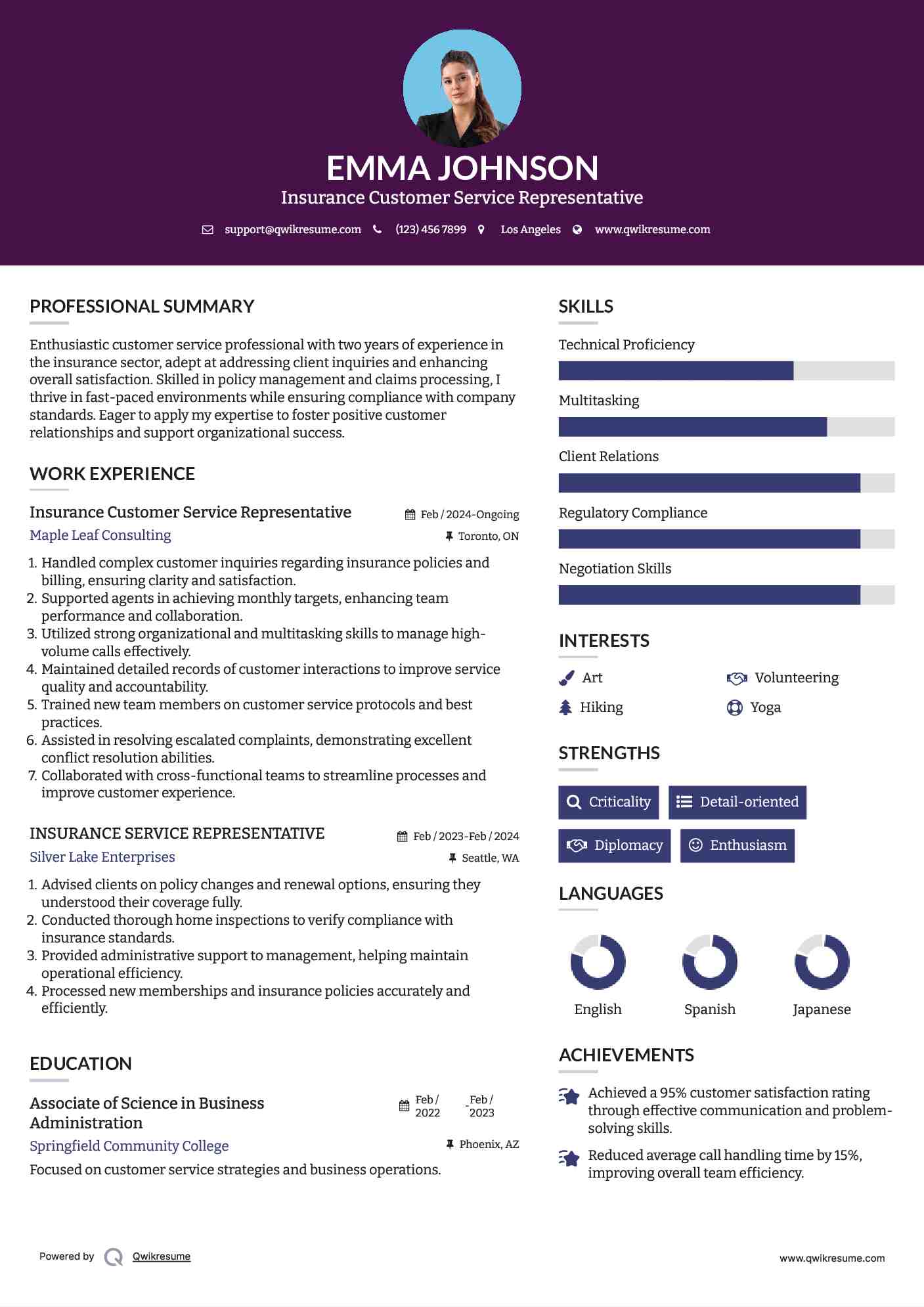 Insurance Customer Service Representative Resume Template
