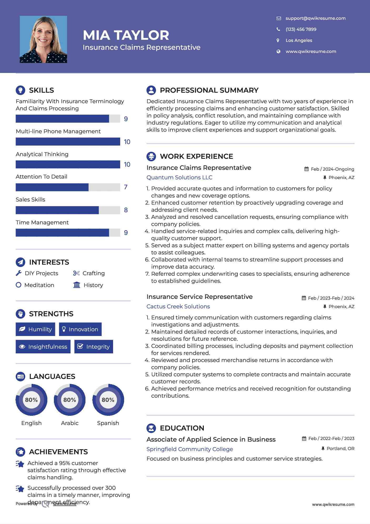 Insurance Claims Representative Resume Template