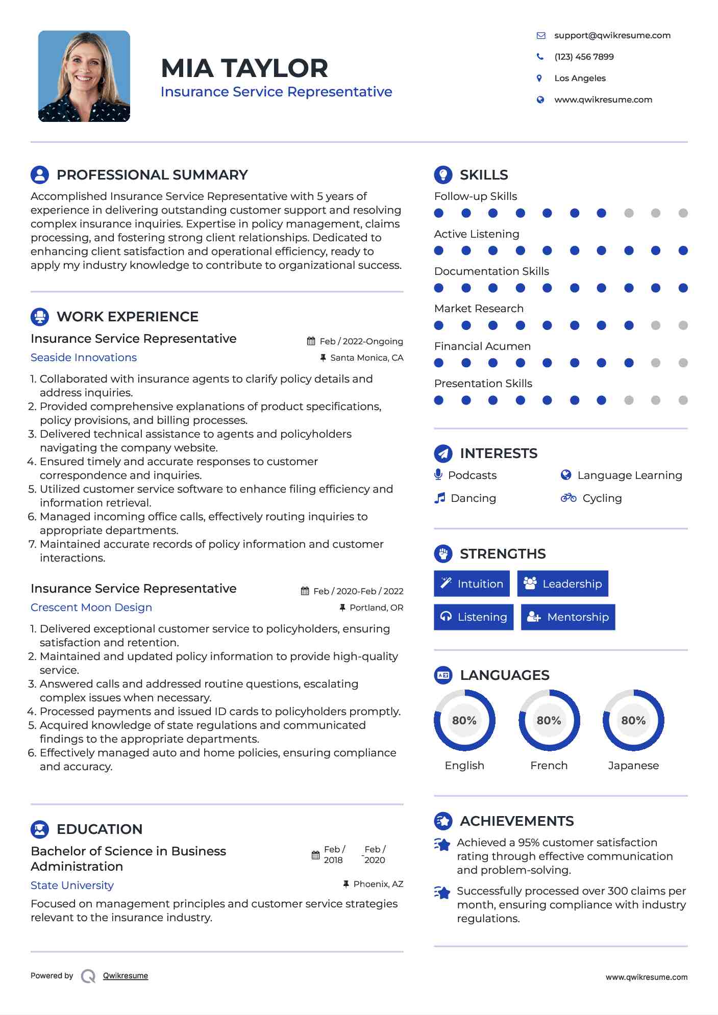 Insurance Service Representative Resume Format