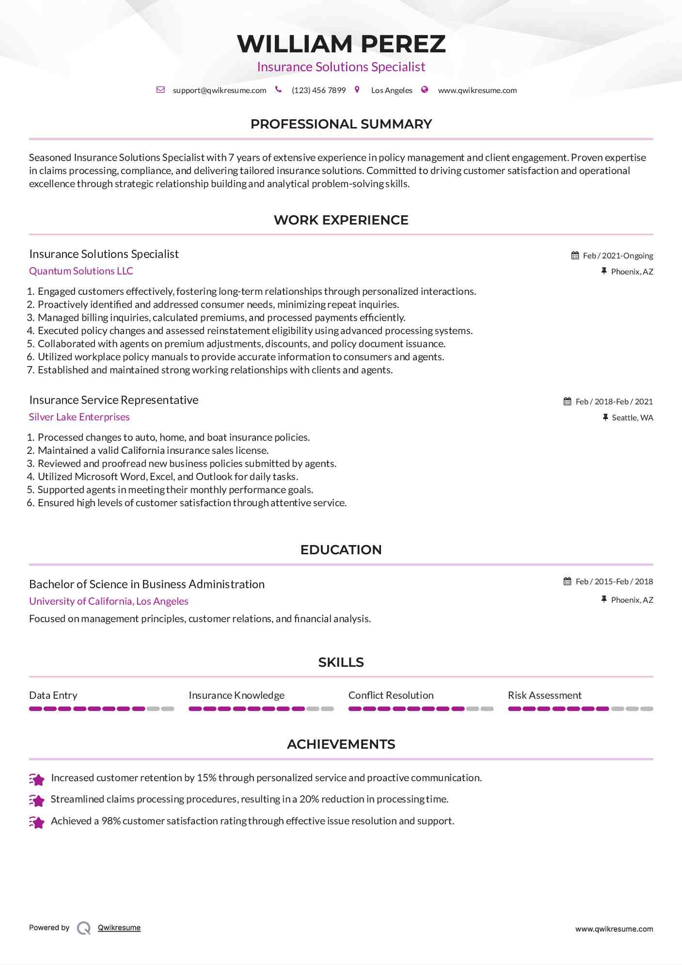 Insurance Solutions Specialist Resume Model