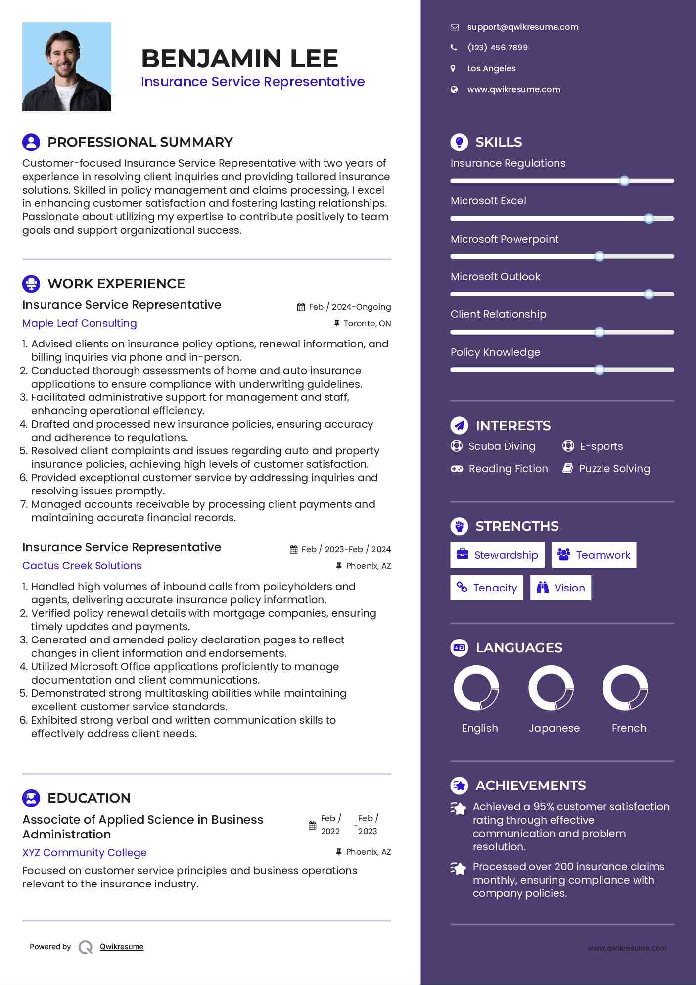 Insurance Service Representative Resume Template