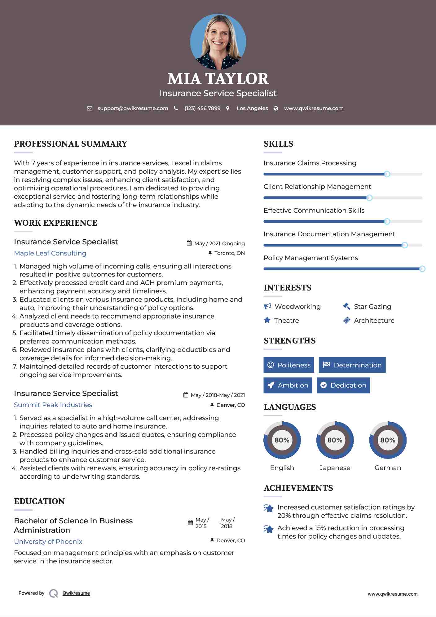 Insurance Service Specialist Resume Example