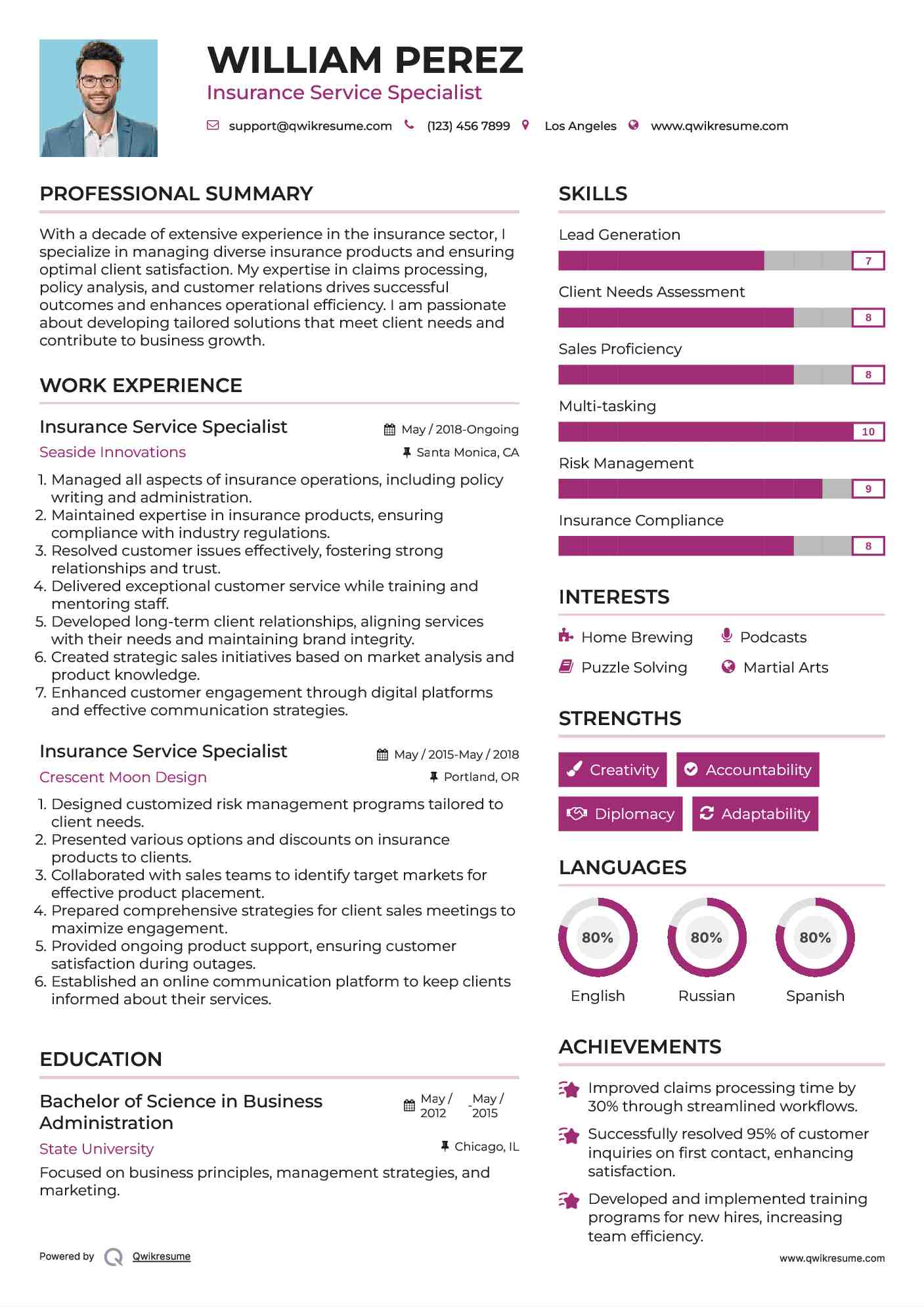 Insurance Service Specialist Resume Example