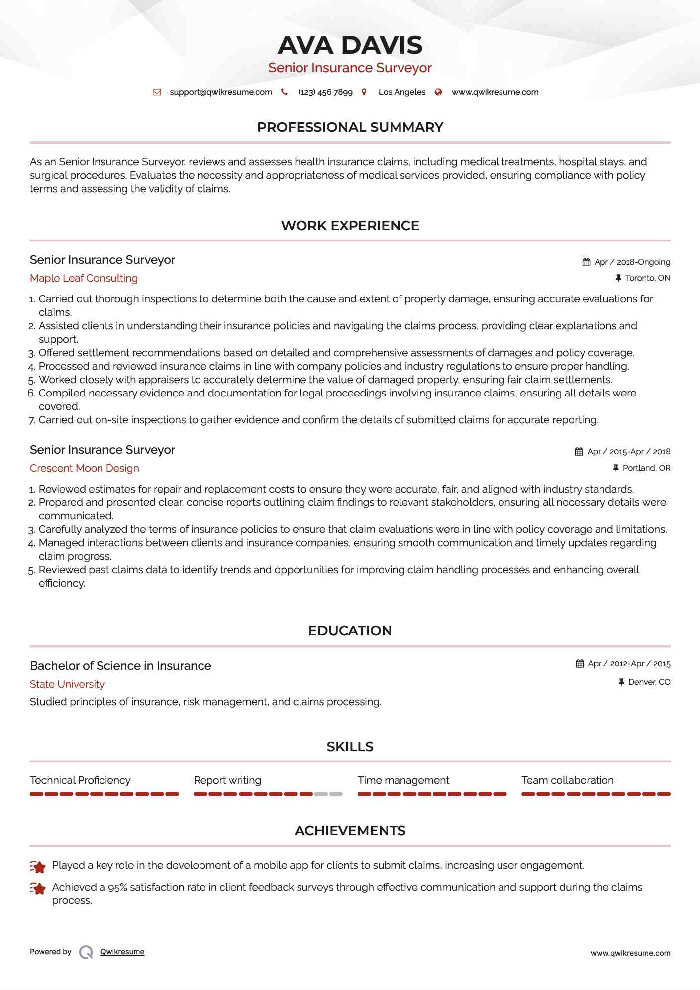Senior Insurance Surveyor Resume Sample