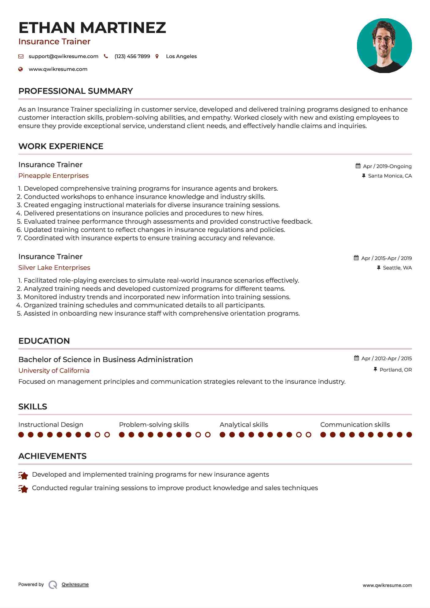 Insurance Trainer Resume Model