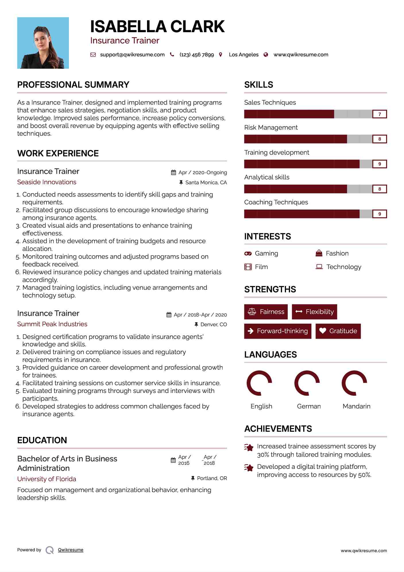 Insurance Trainer Resume Sample