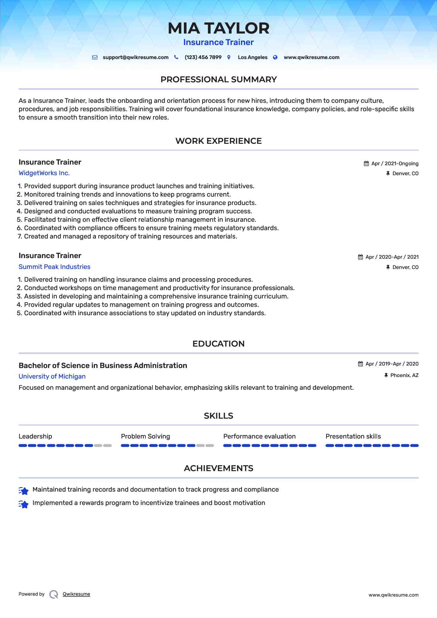 Insurance Trainer Resume Template