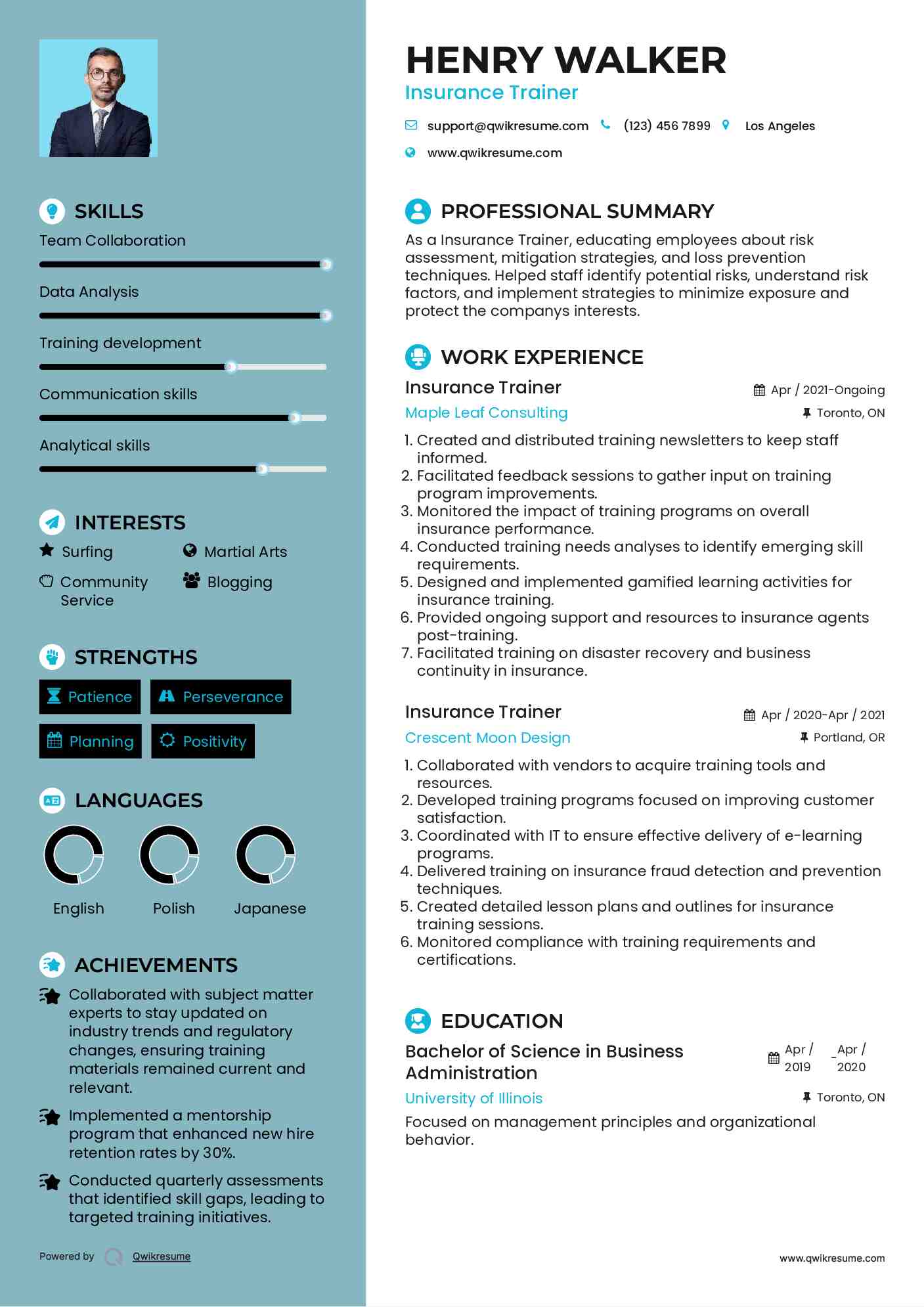 Insurance Trainer Resume Model