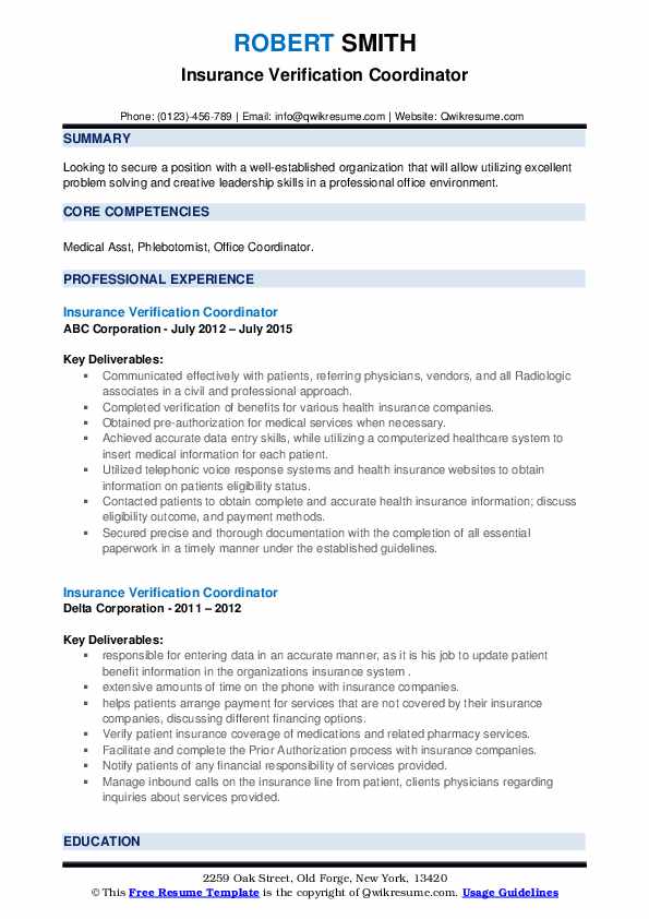 Insurance Verification Coordinator Resume Samples | QwikResume