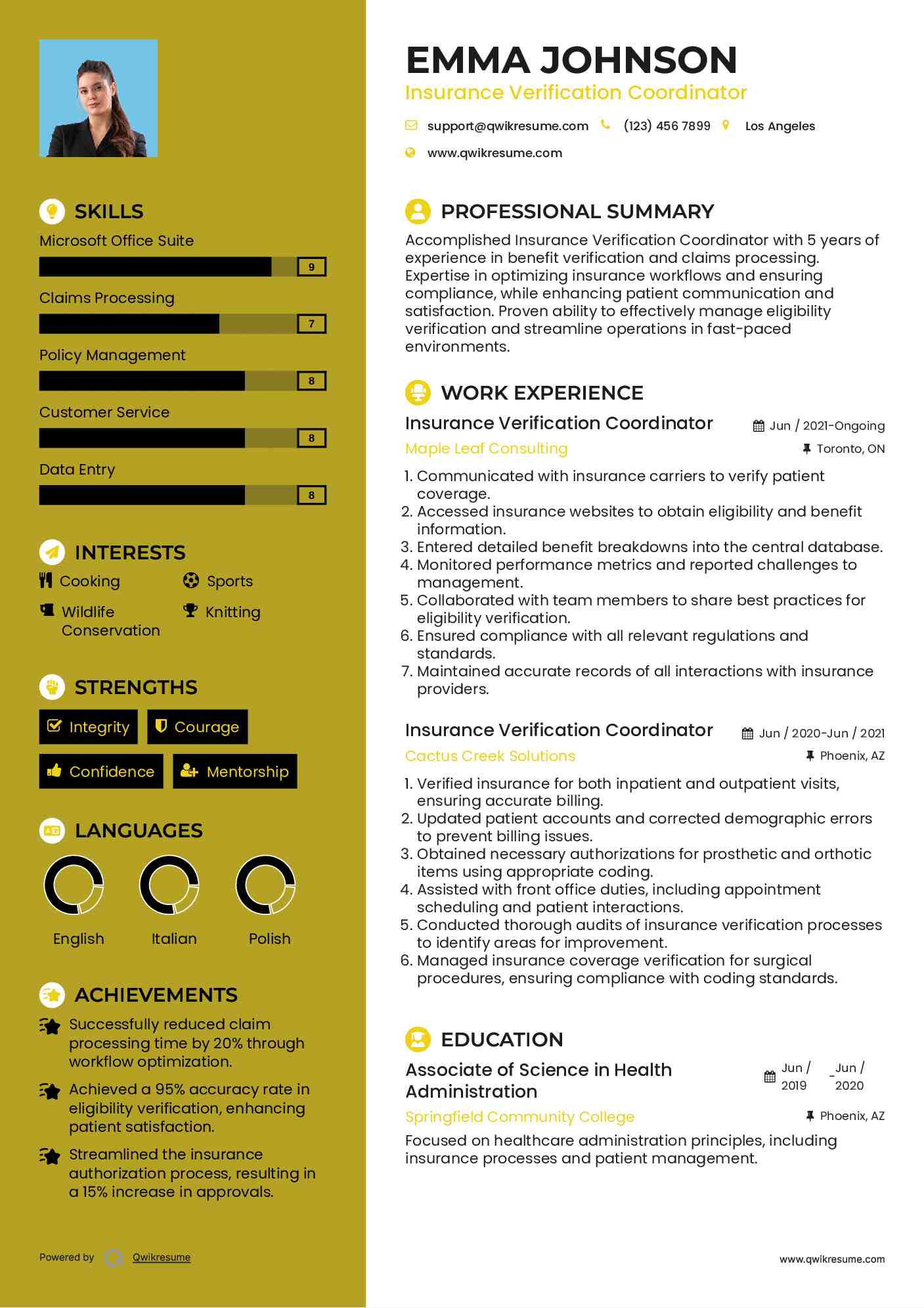 Insurance Verification Coordinator Resume Samples | QwikResume
