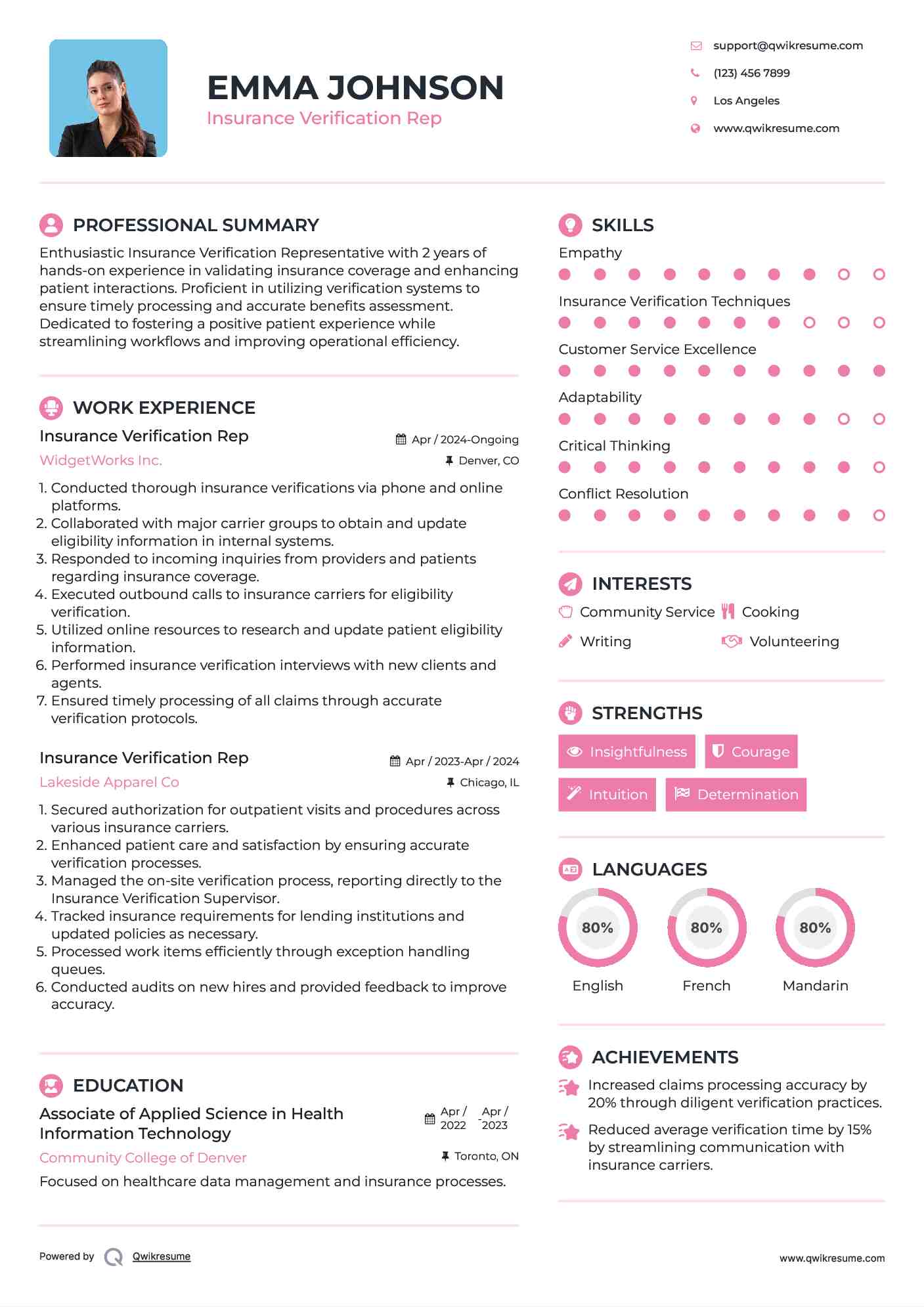 Insurance Verification Rep Resume Sample