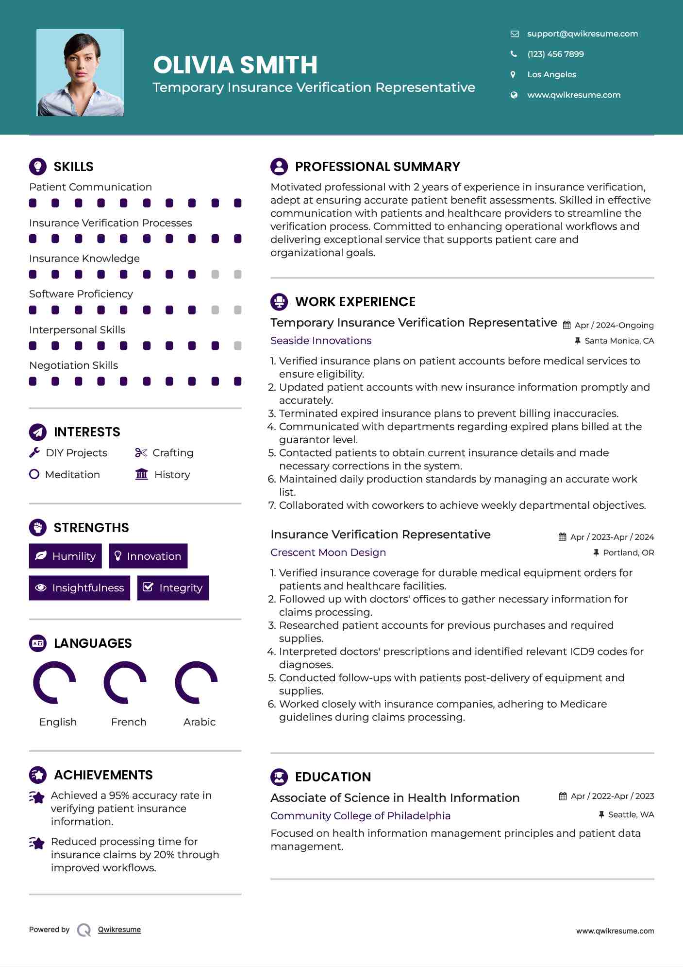Temporary Insurance Verification Representative Resume Template