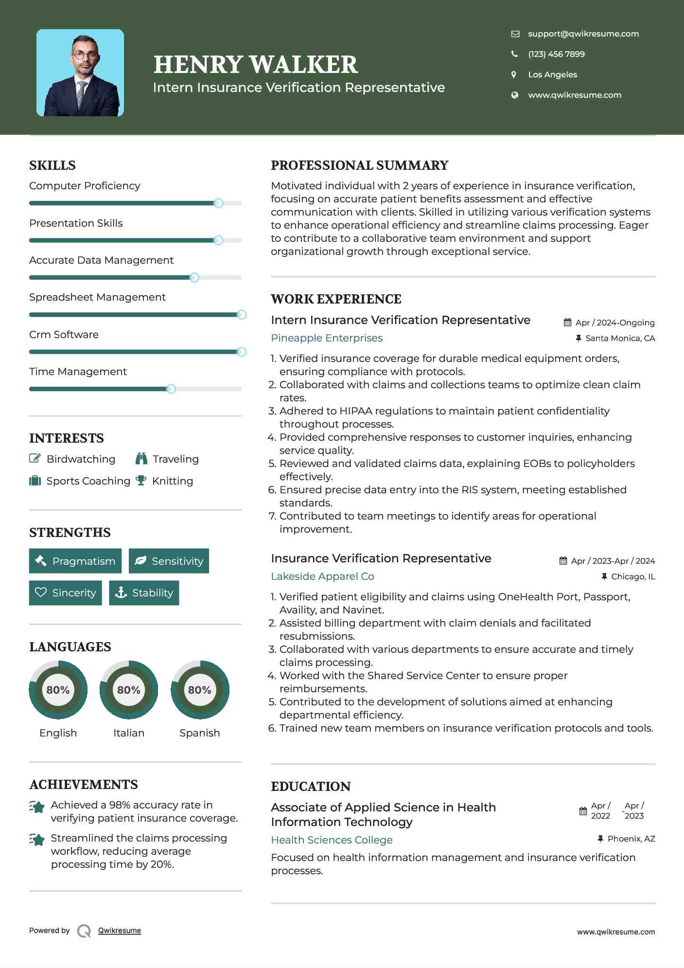 Intern Insurance Verification Representative Resume Example