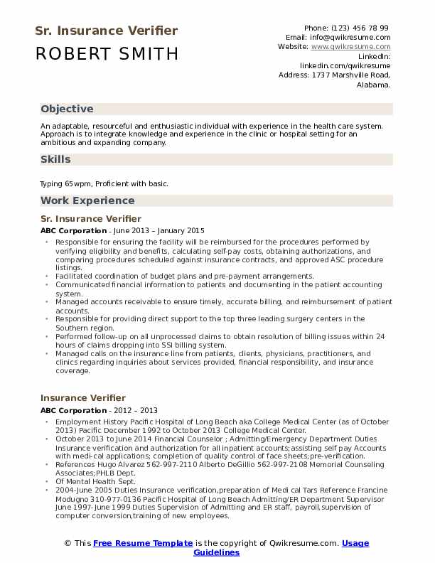 Insurance Verifier Resume Samples QwikResume