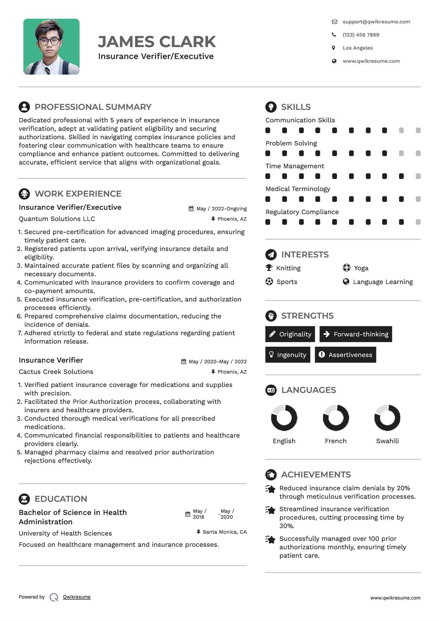 Insurance Verifier/Executive Resume Example