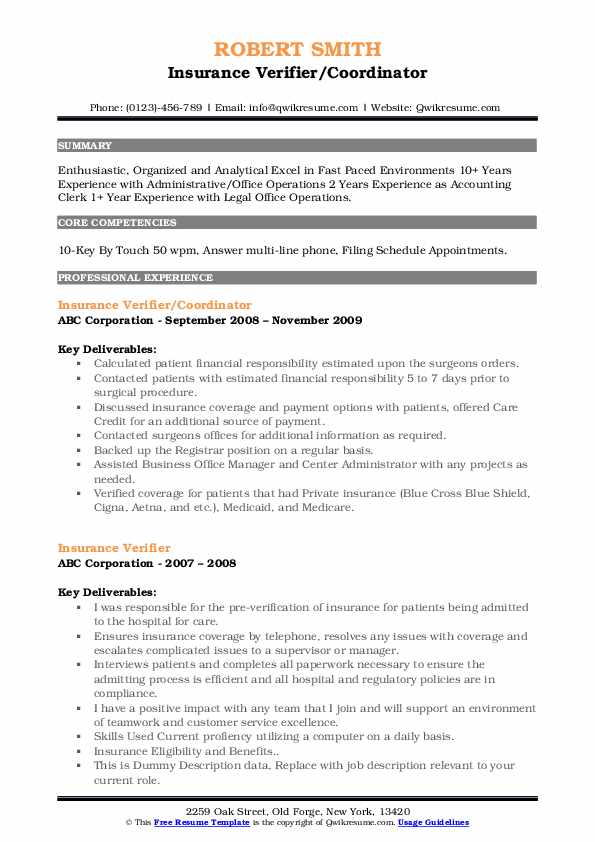 Insurance Verifier Resume Samples QwikResume